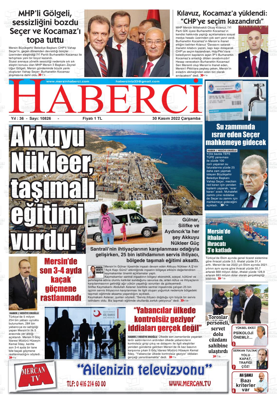 30 Kasım 2022 Mersin Haberci Gazete Manşeti