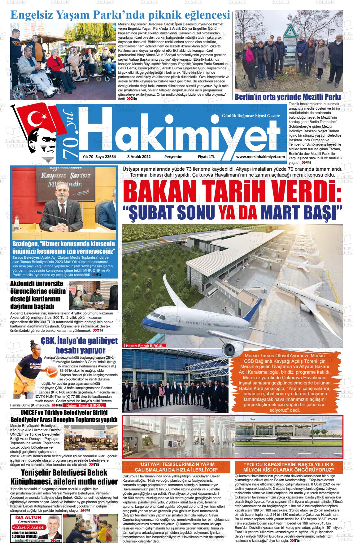 08 Aralık 2022 Mersin Hakimiyet Gazete Manşeti