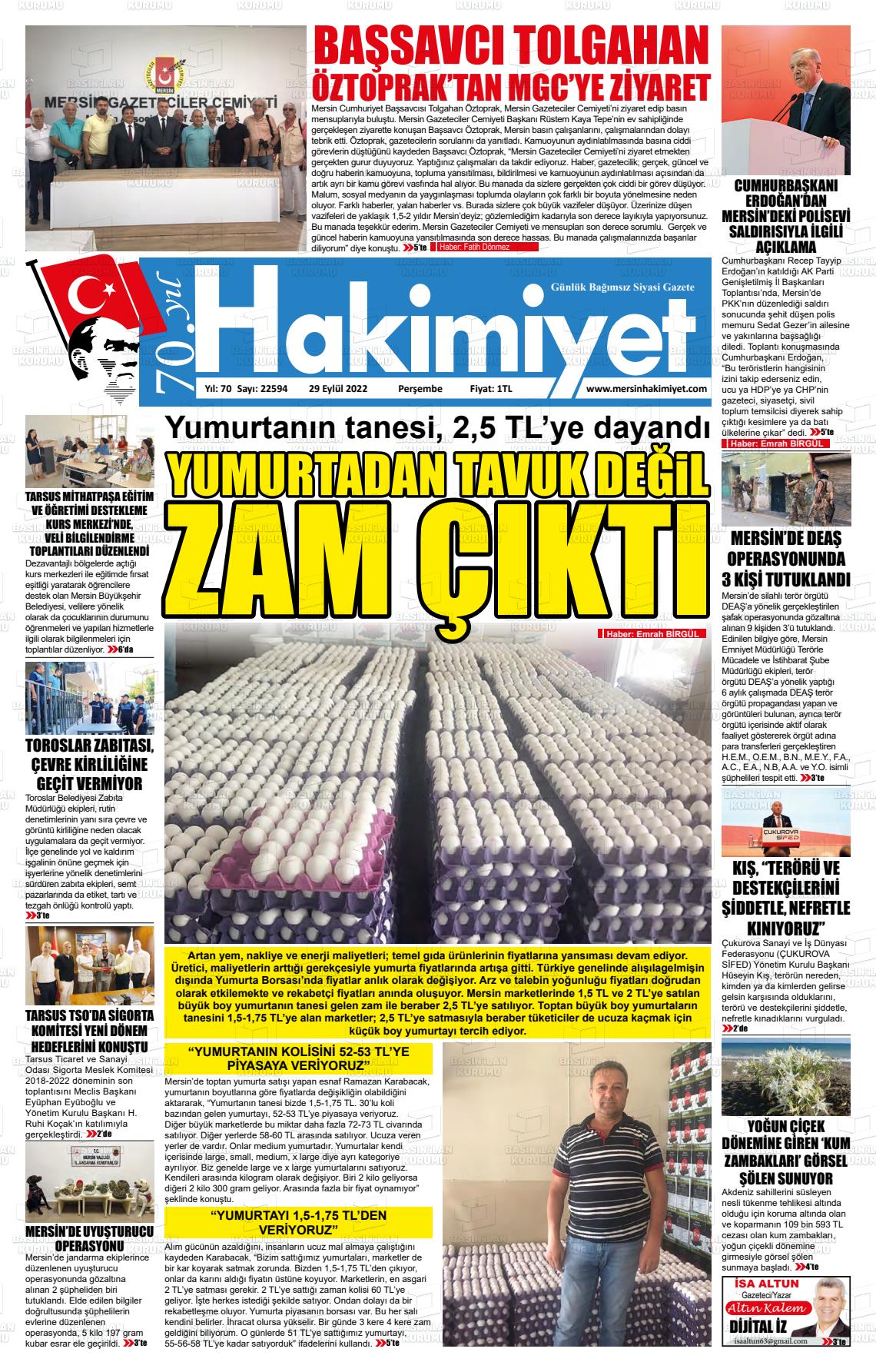 29 Eylül 2022 Mersin Hakimiyet Gazete Manşeti