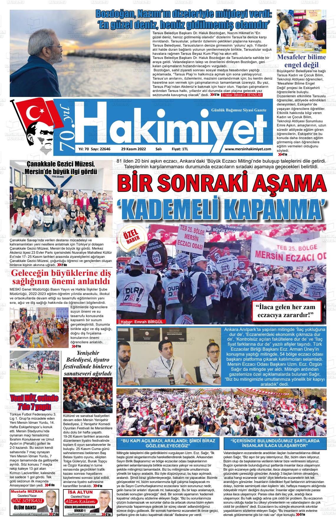 29 Kasım 2022 Mersin Hakimiyet Gazete Manşeti