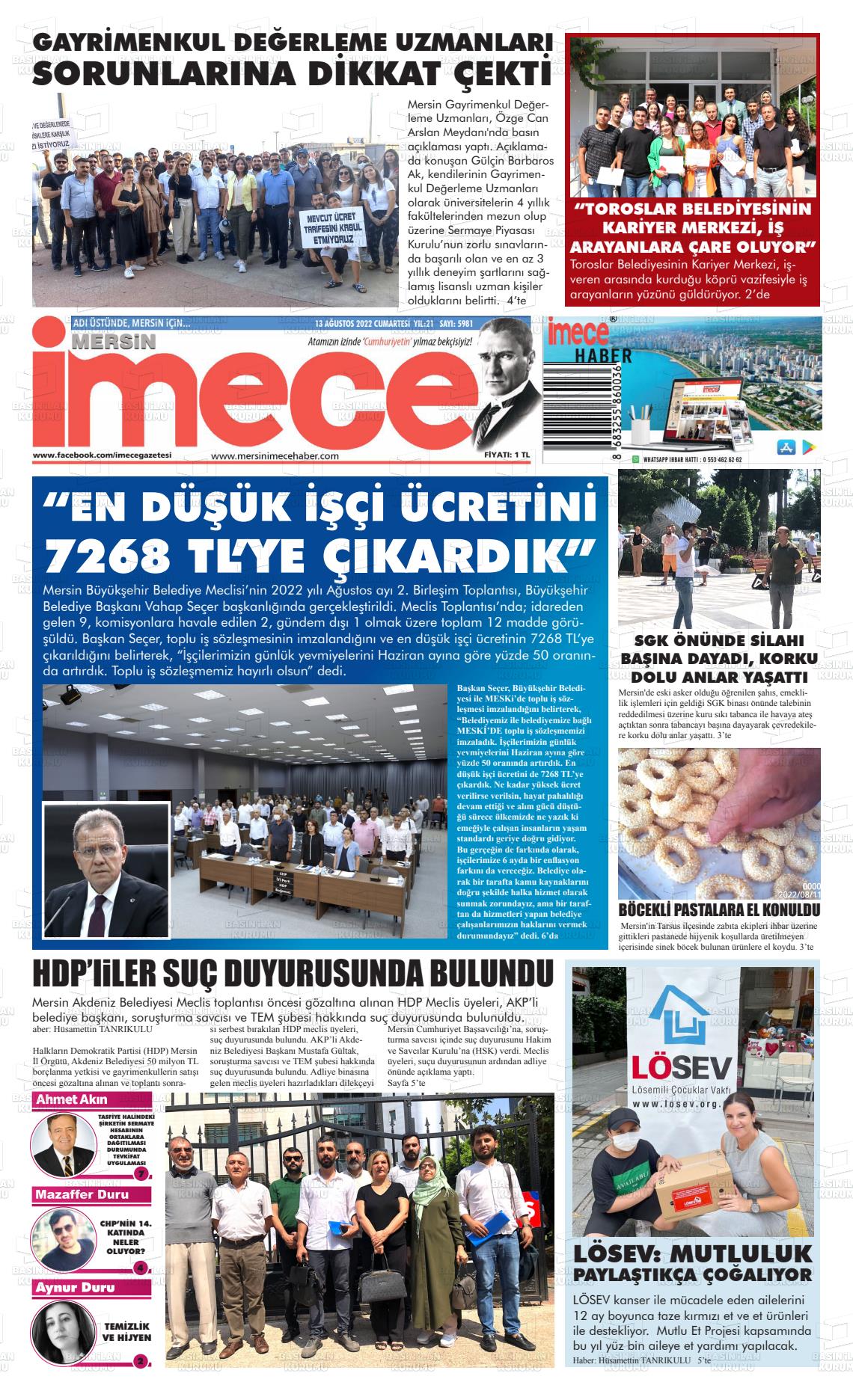 13 Ağustos 2022 İmece Gazete Manşeti