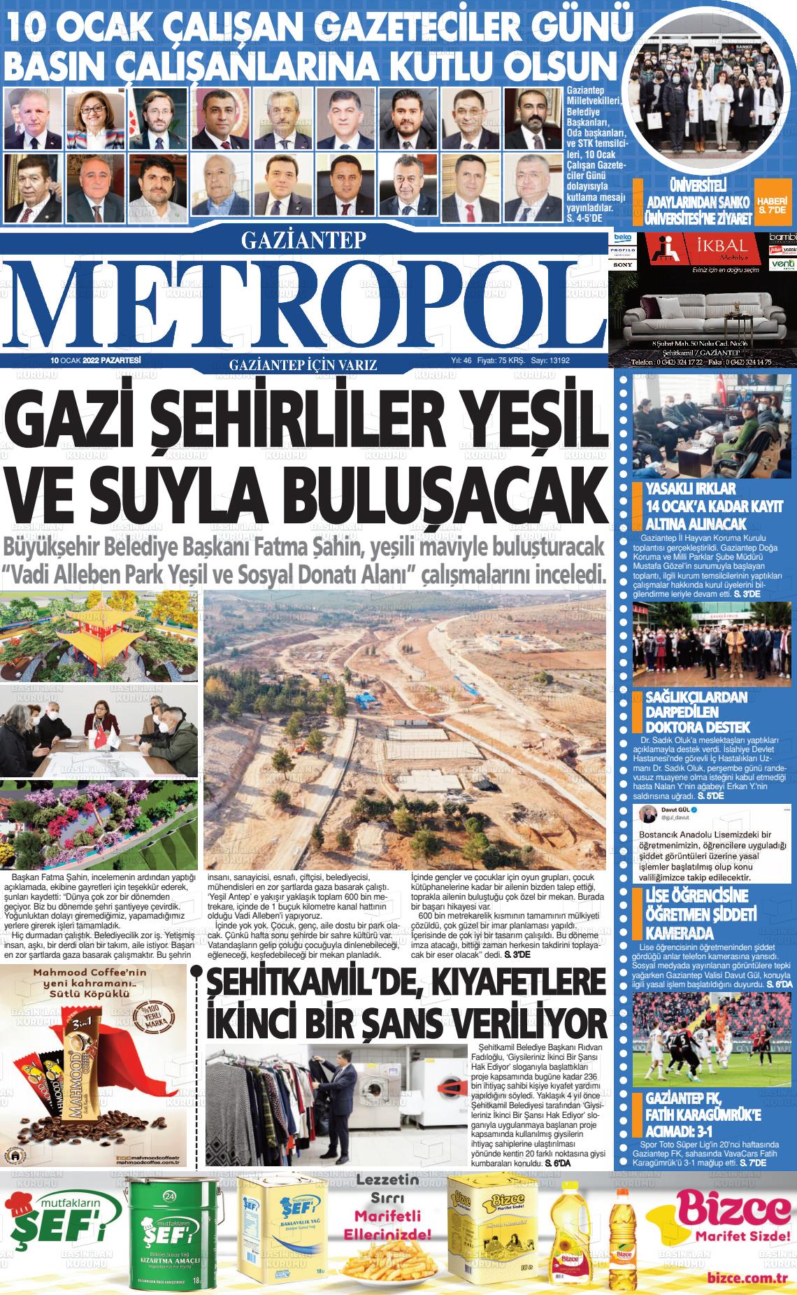 10 Ocak 2022 Gaziantep Metropol Gazete Manşeti