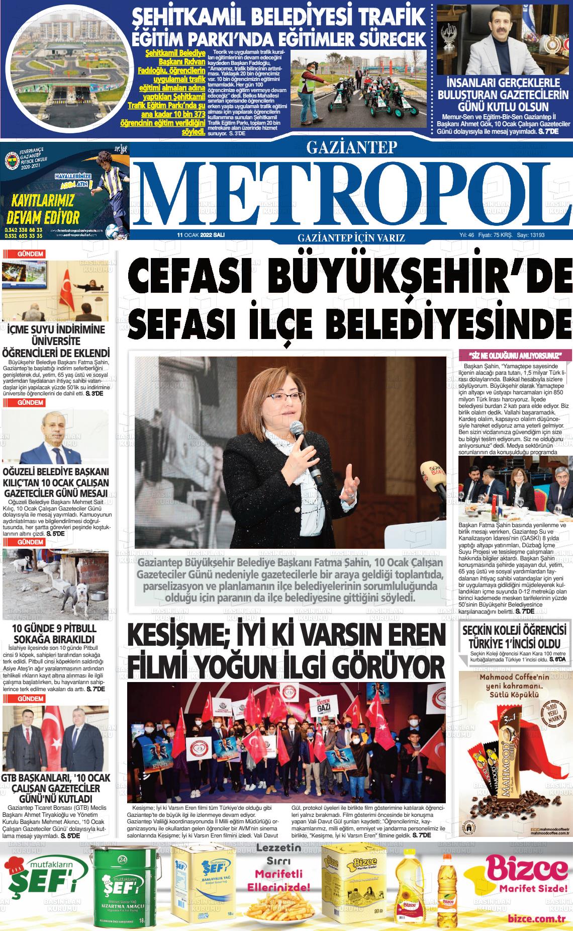 11 Ocak 2022 Gaziantep Metropol Gazete Manşeti