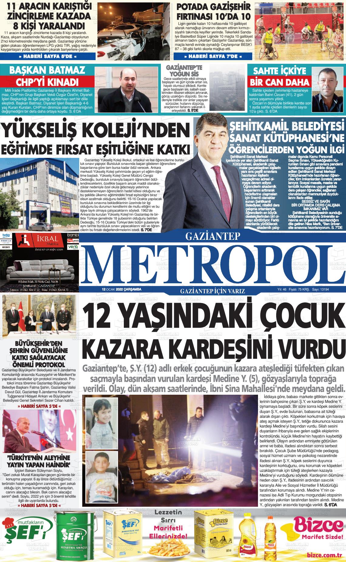 12 Ocak 2022 Gaziantep Metropol Gazete Manşeti