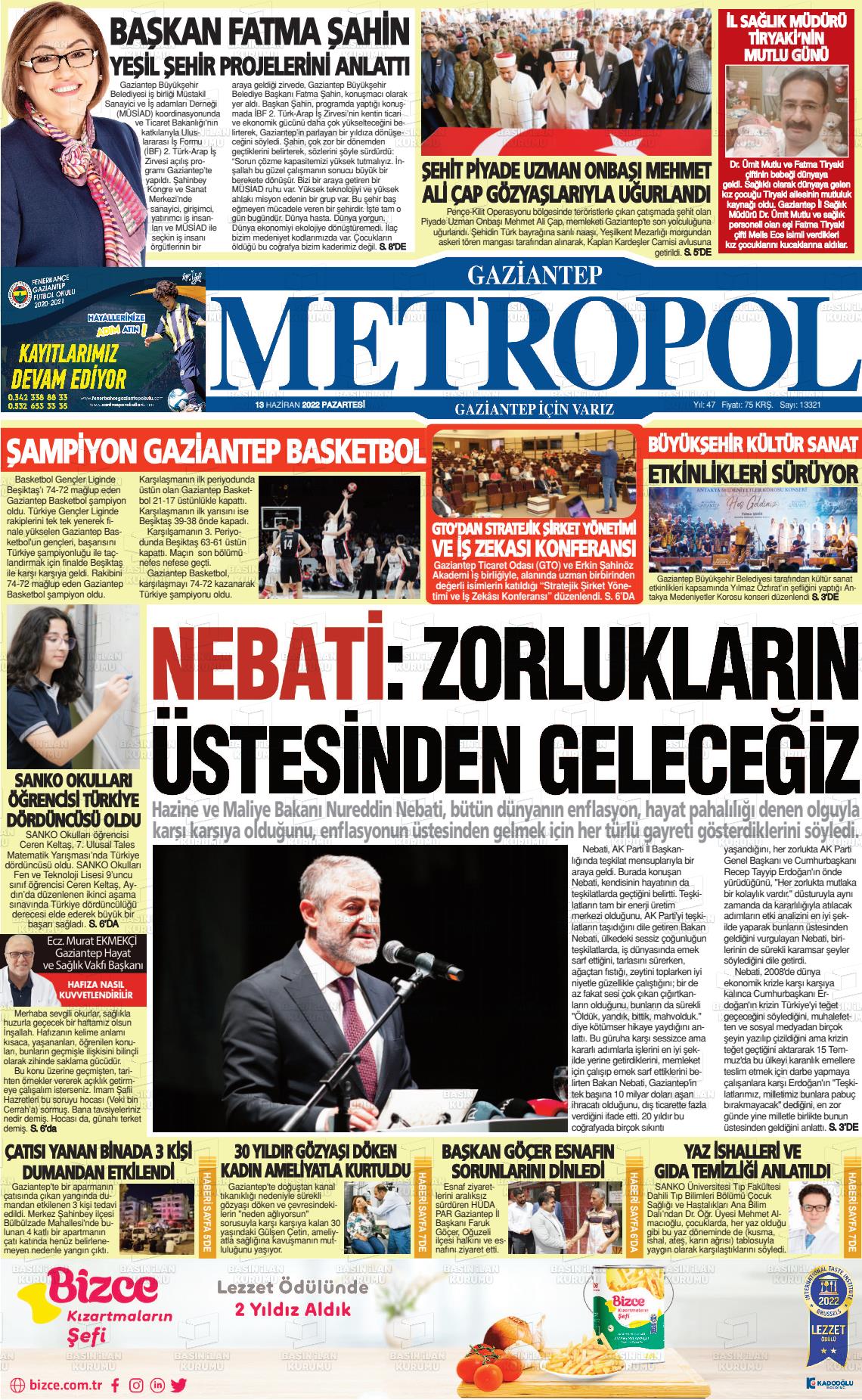 13 haziran 2022 tarihli gaziantep metropol gazete manşetleri