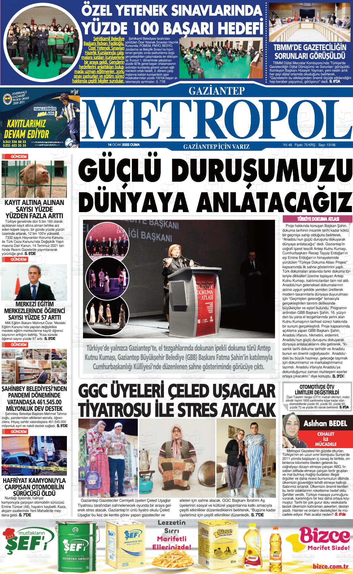 14 Ocak 2022 Gaziantep Metropol Gazete Manşeti