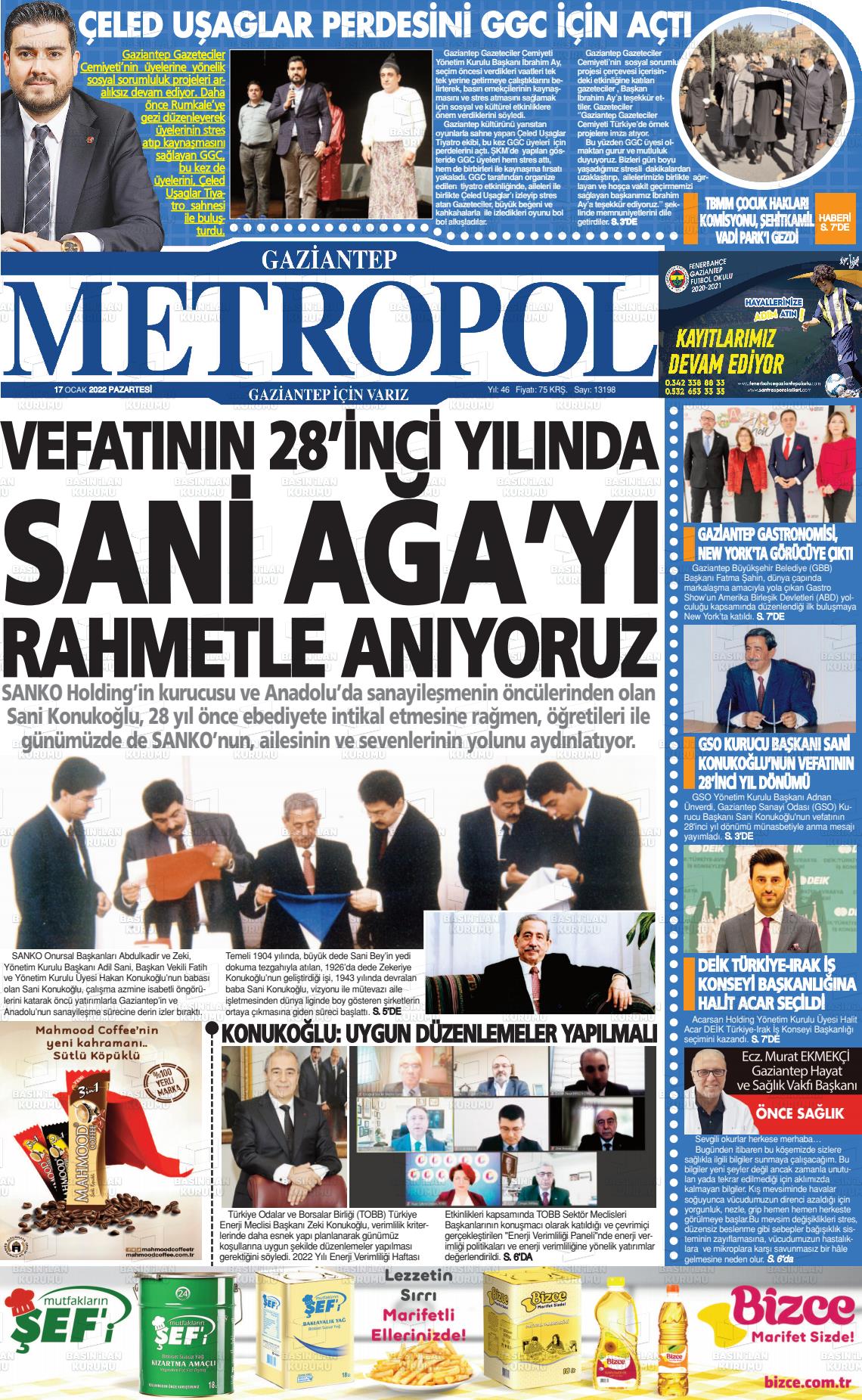 17 Ocak 2022 Gaziantep Metropol Gazete Manşeti