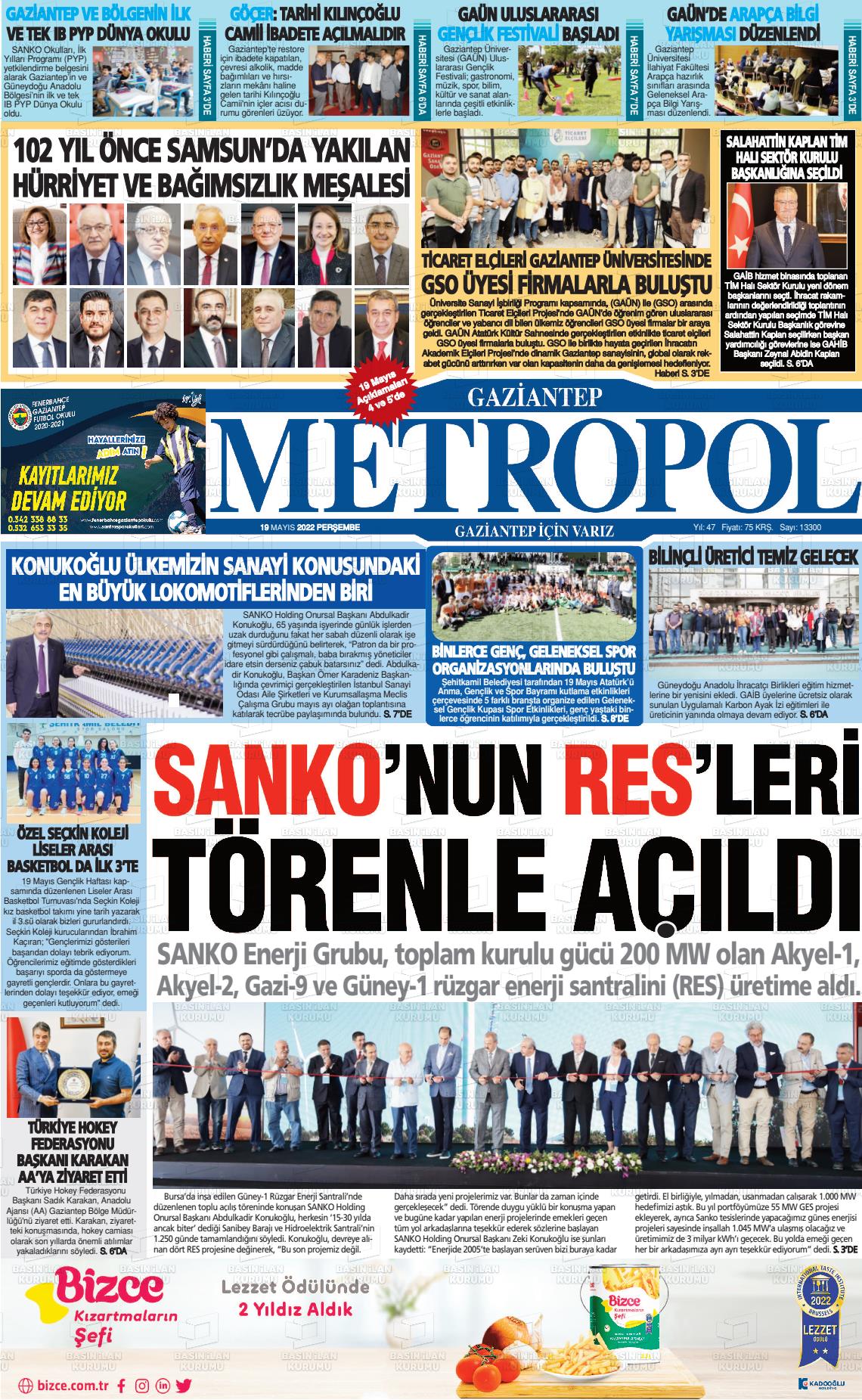 19 Mayıs 2022 Gaziantep Metropol Gazete Manşeti