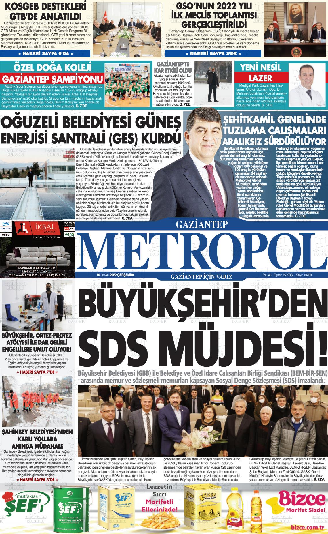 19 Ocak 2022 Gaziantep Metropol Gazete Manşeti