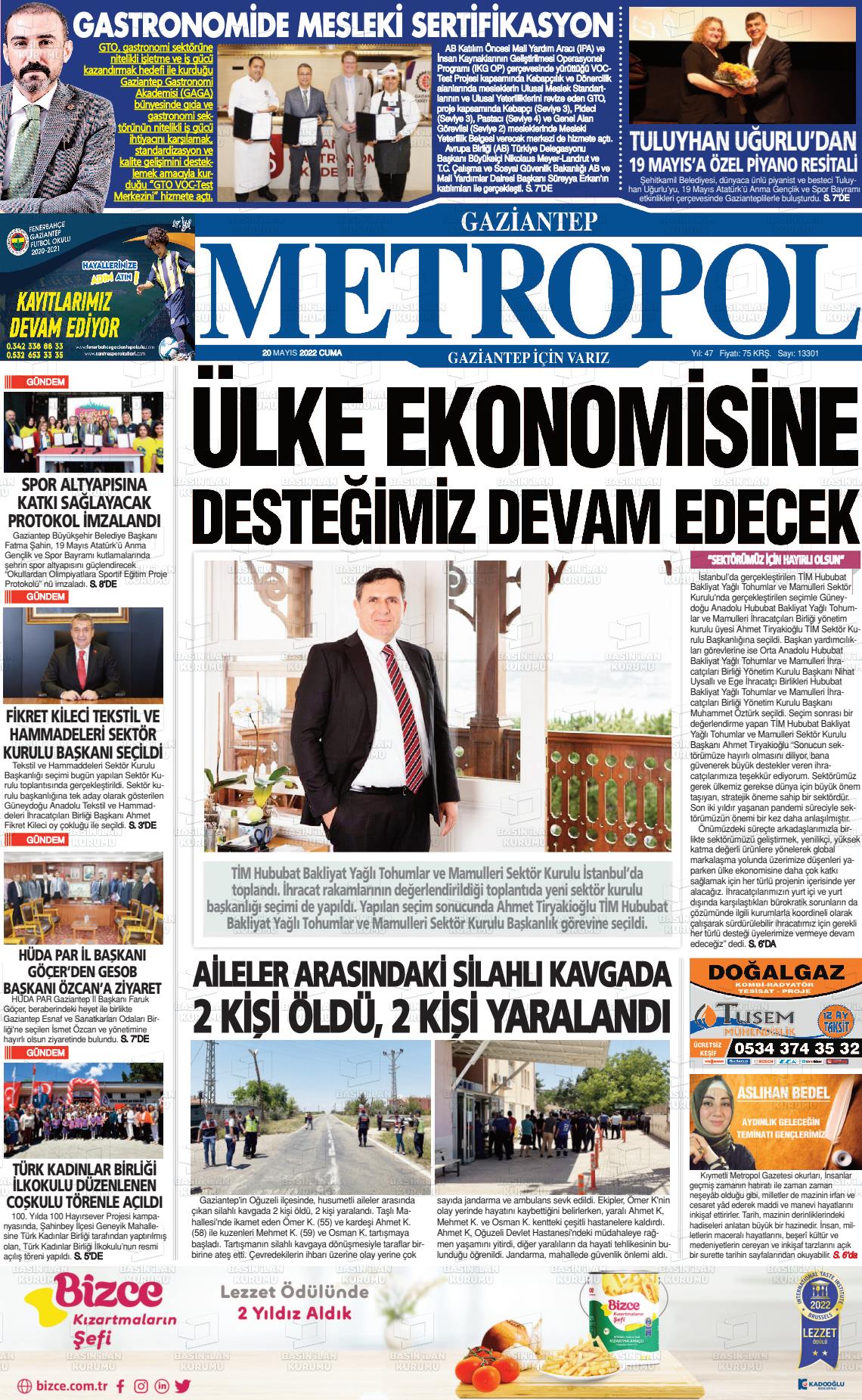 20 Mayıs 2022 Gaziantep Metropol Gazete Manşeti