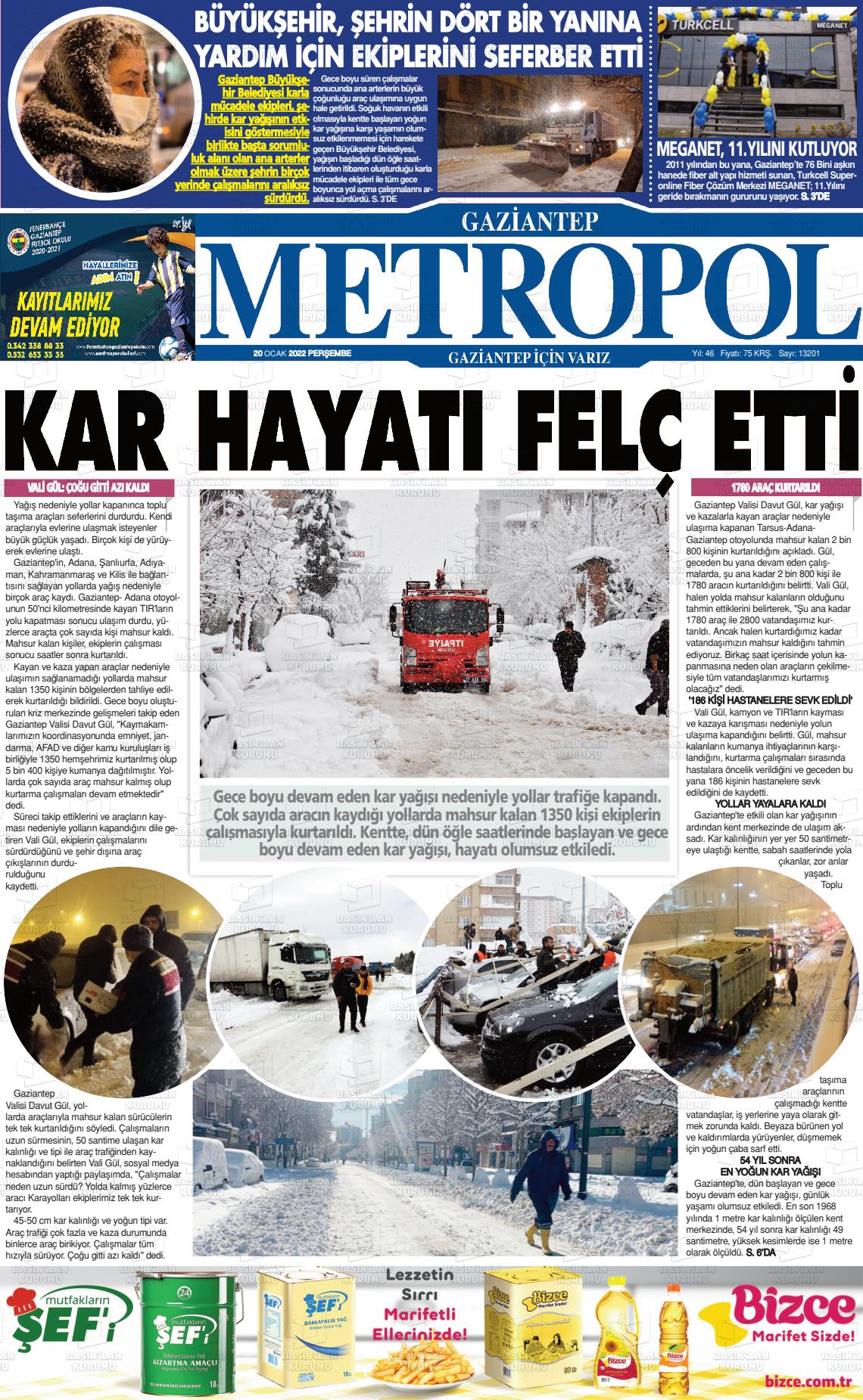20 Ocak 2022 Gaziantep Metropol Gazete Manşeti