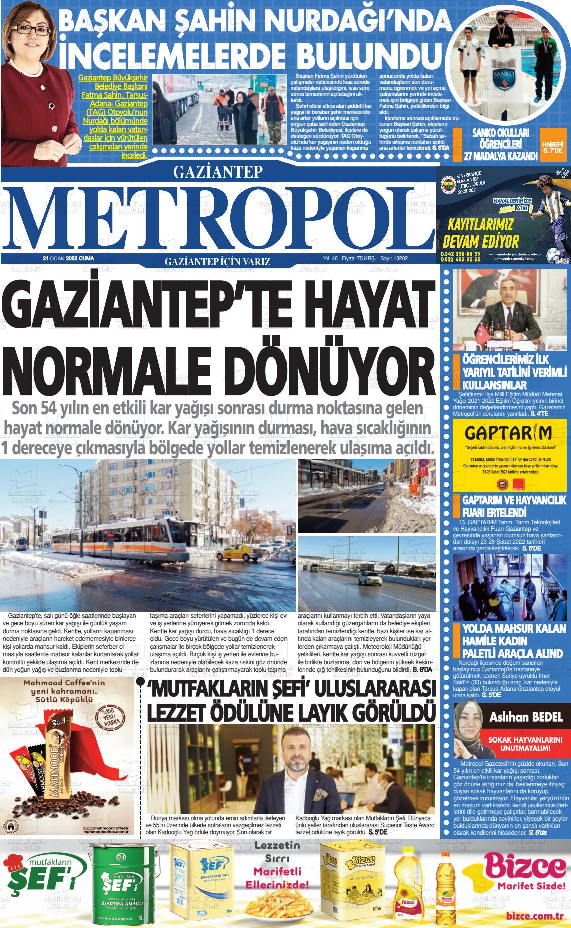 21 Ocak 2022 Gaziantep Metropol Gazete Manşeti