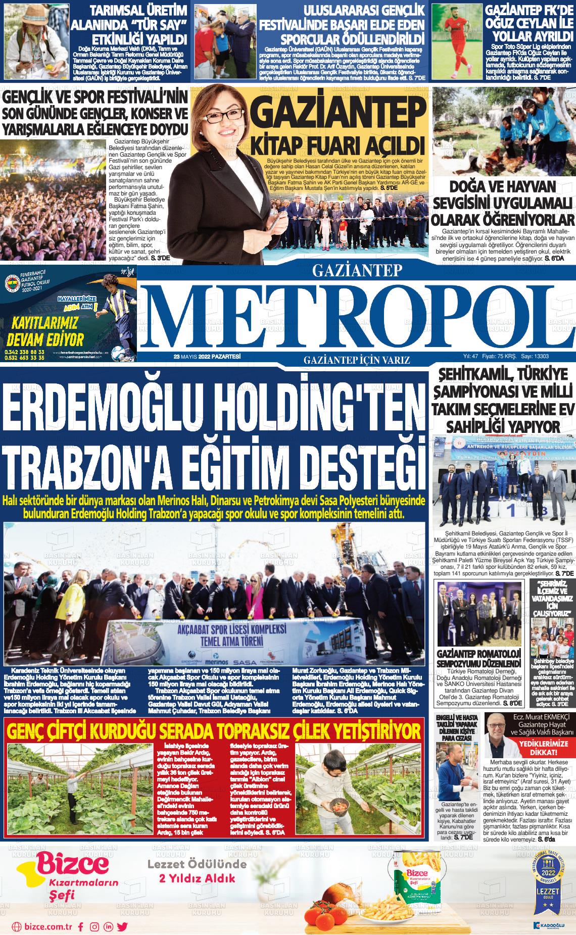23 Mayıs 2022 Gaziantep Metropol Gazete Manşeti