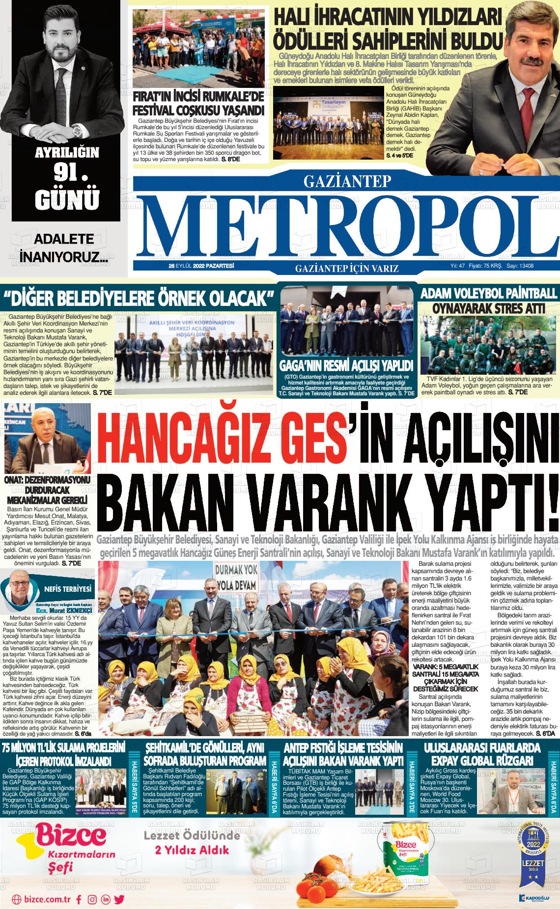26 Eylül 2022 Gaziantep Metropol Gazete Manşeti