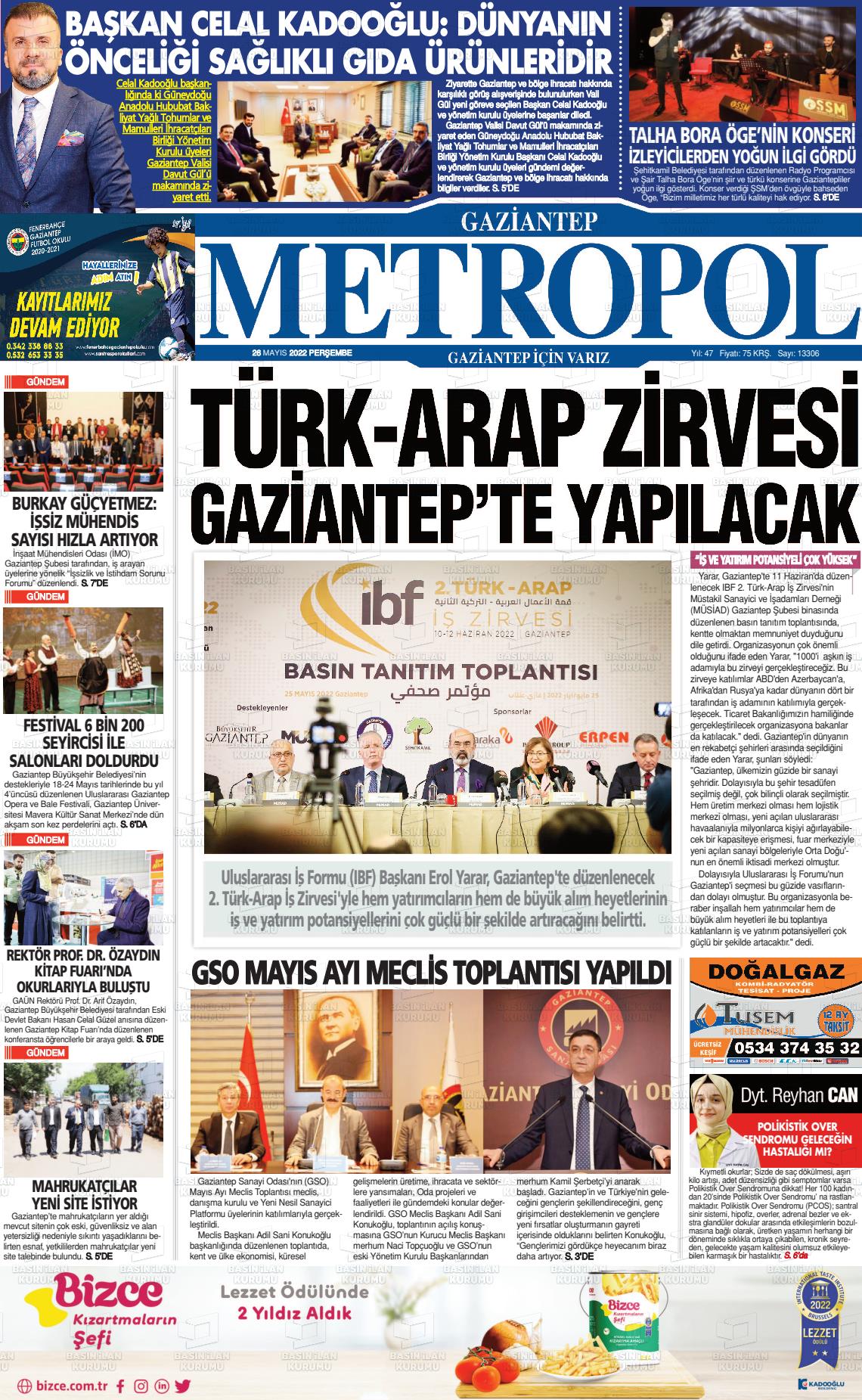 26 Mayıs 2022 Gaziantep Metropol Gazete Manşeti