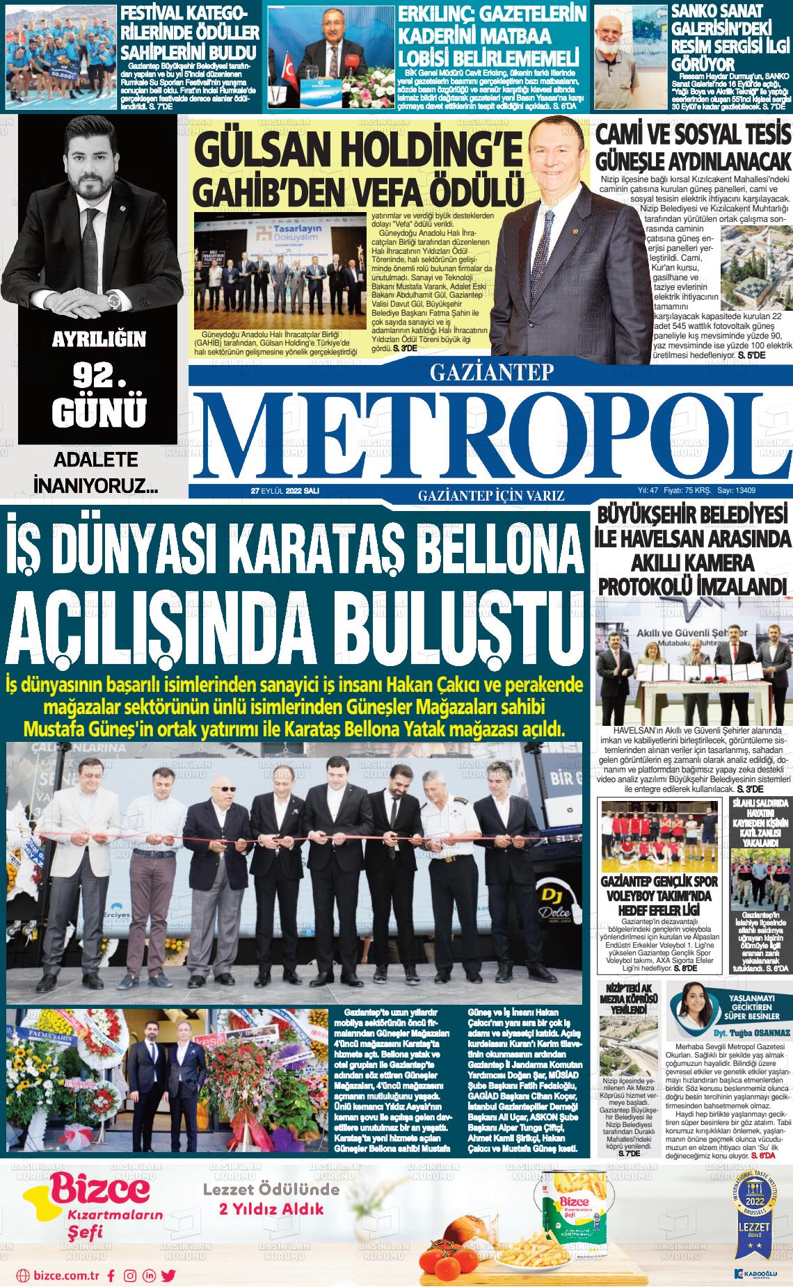 27 Eylül 2022 Gaziantep Metropol Gazete Manşeti