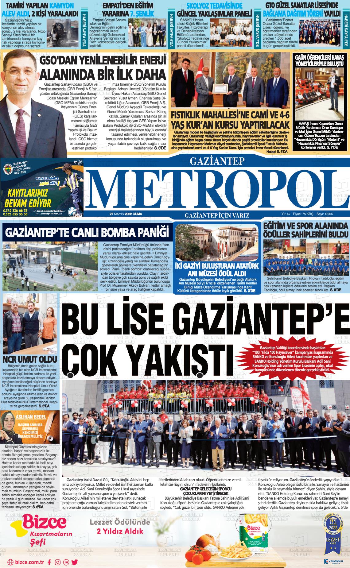 27 Mayıs 2022 Gaziantep Metropol Gazete Manşeti