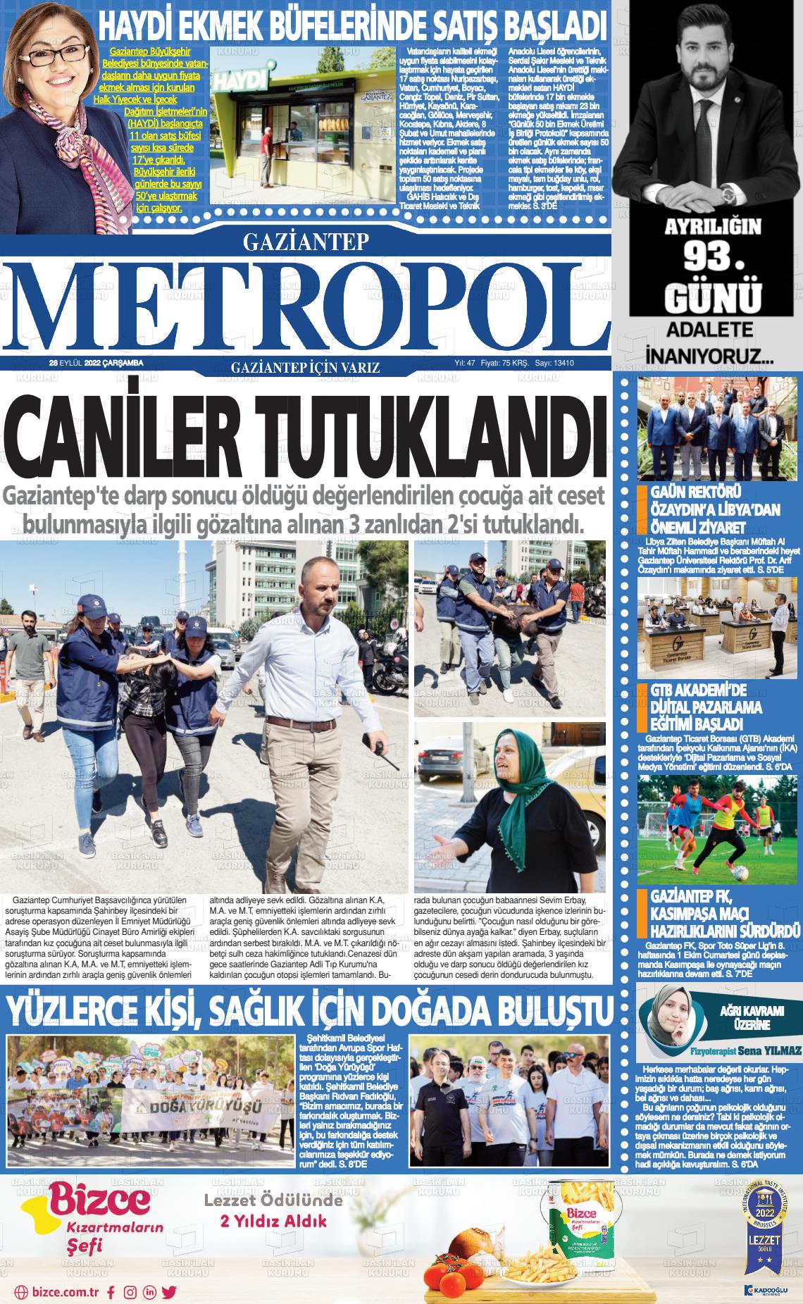 28 Eylül 2022 Gaziantep Metropol Gazete Manşeti