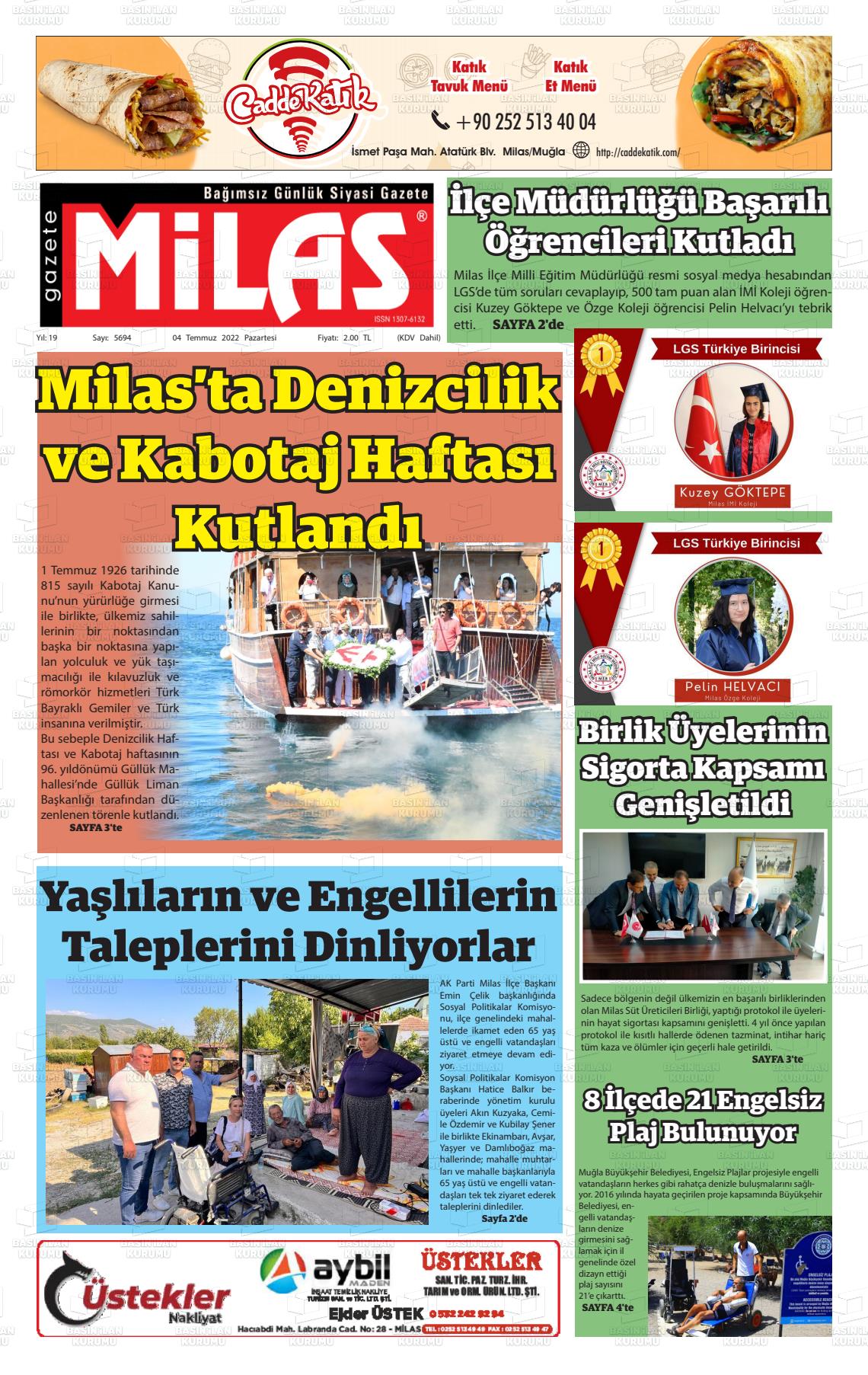 04 Temmuz 2022 Gazete Milas Gazete Manşeti