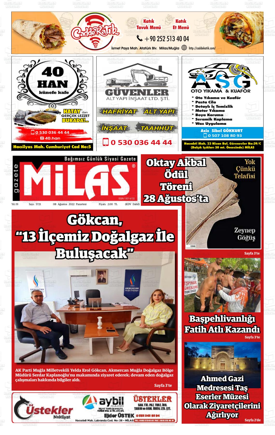 08 Ağustos 2022 Gazete Milas Gazete Manşeti
