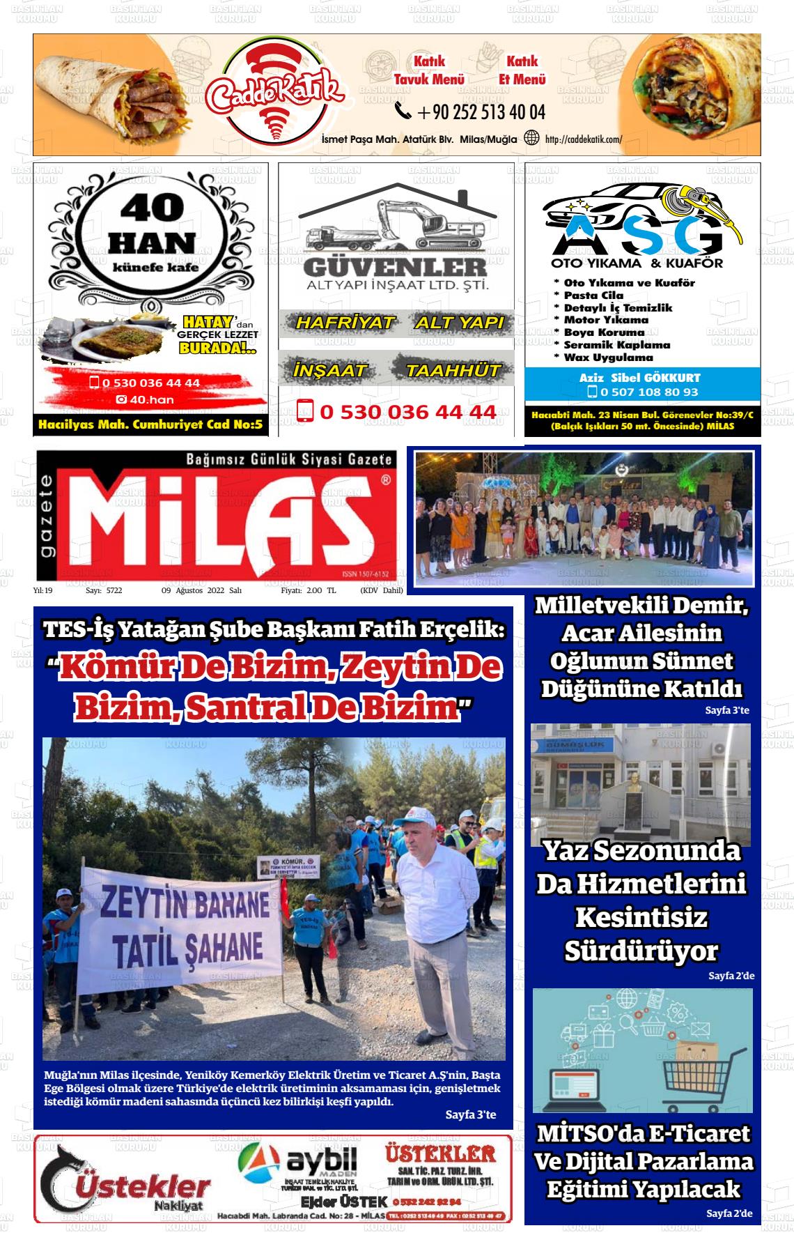 09 Ağustos 2022 Gazete Milas Gazete Manşeti