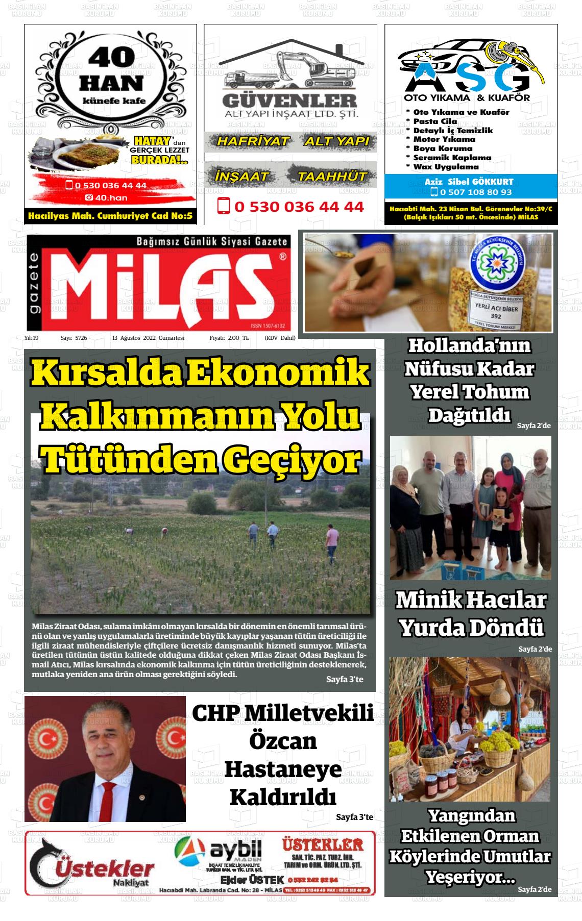 13 Ağustos 2022 Gazete Milas Gazete Manşeti