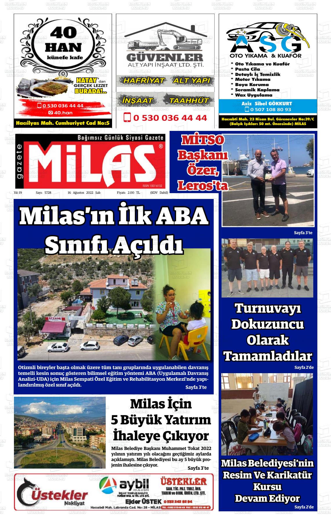 16 Ağustos 2022 Gazete Milas Gazete Manşeti