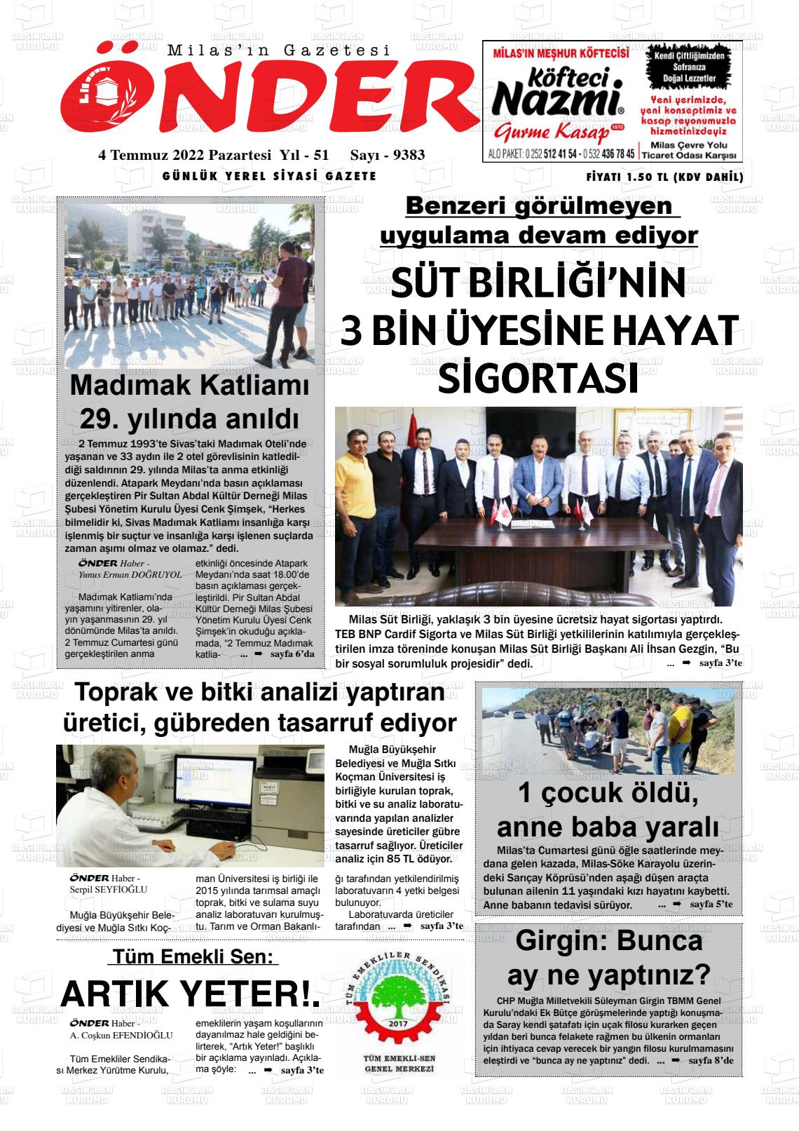 04 Temmuz 2022 Milas Önder Gazete Manşeti