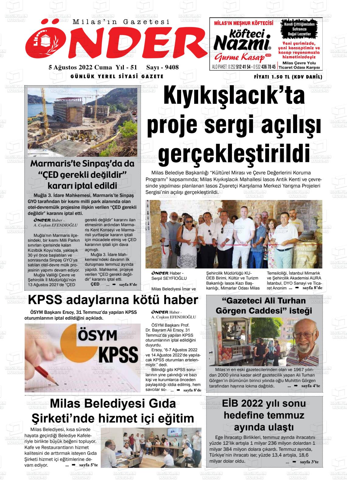 05 Ağustos 2022 Milas Önder Gazete Manşeti