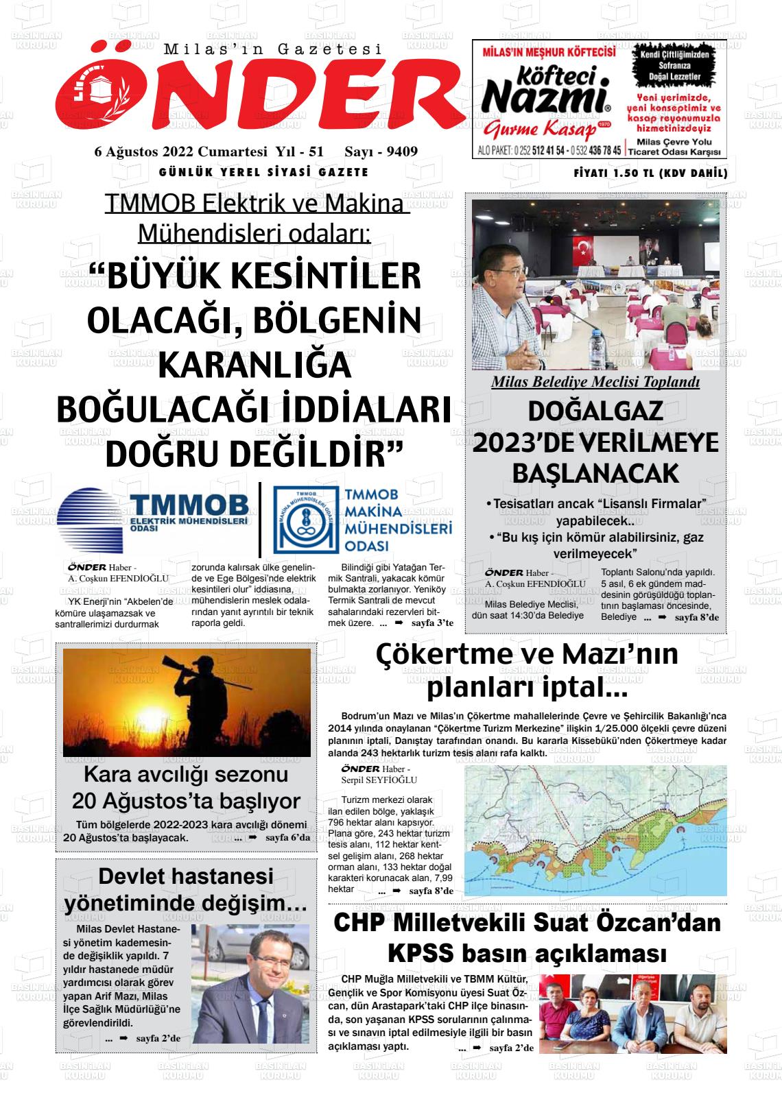06 Ağustos 2022 Milas Önder Gazete Manşeti