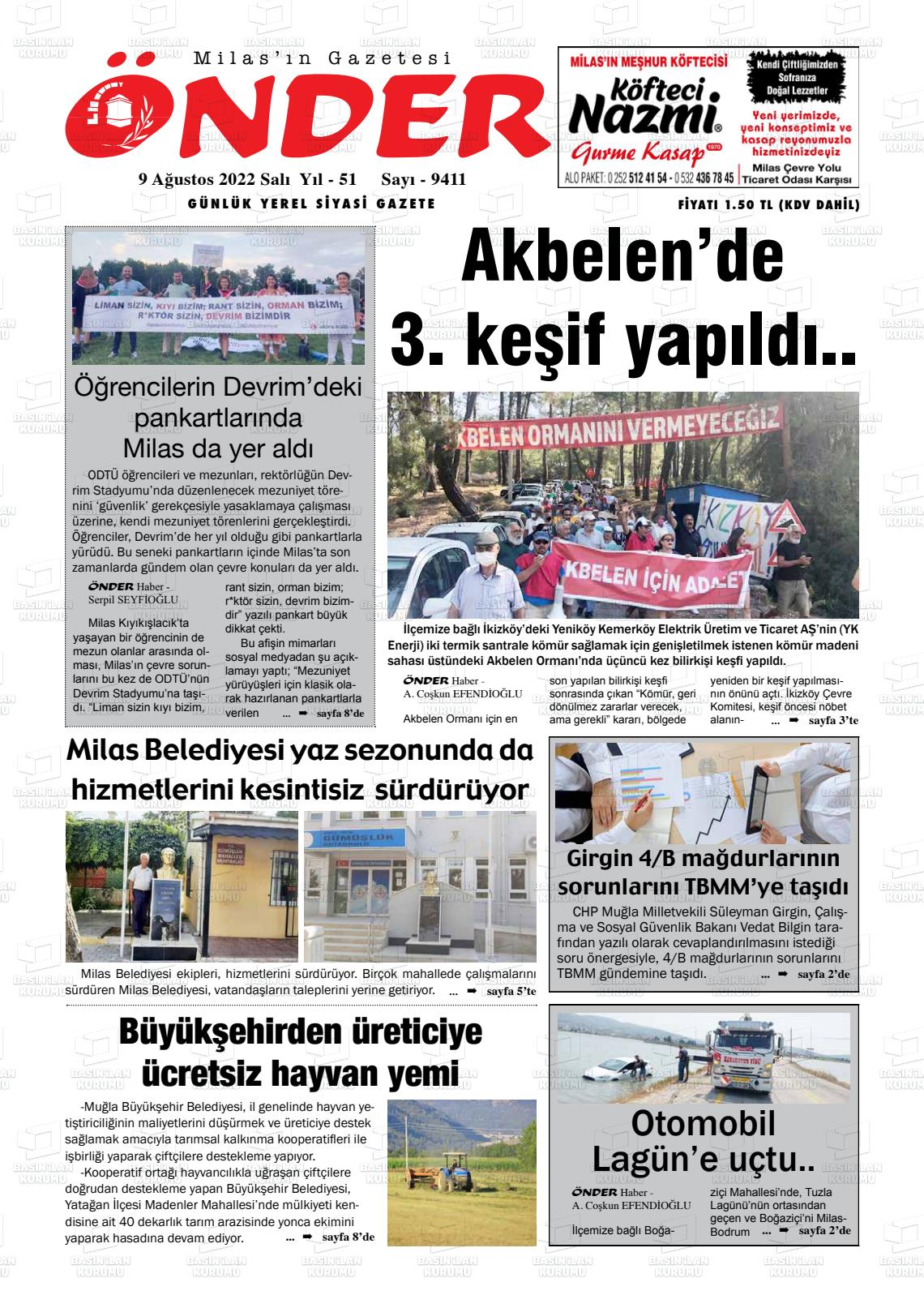 09 Ağustos 2022 Milas Önder Gazete Manşeti