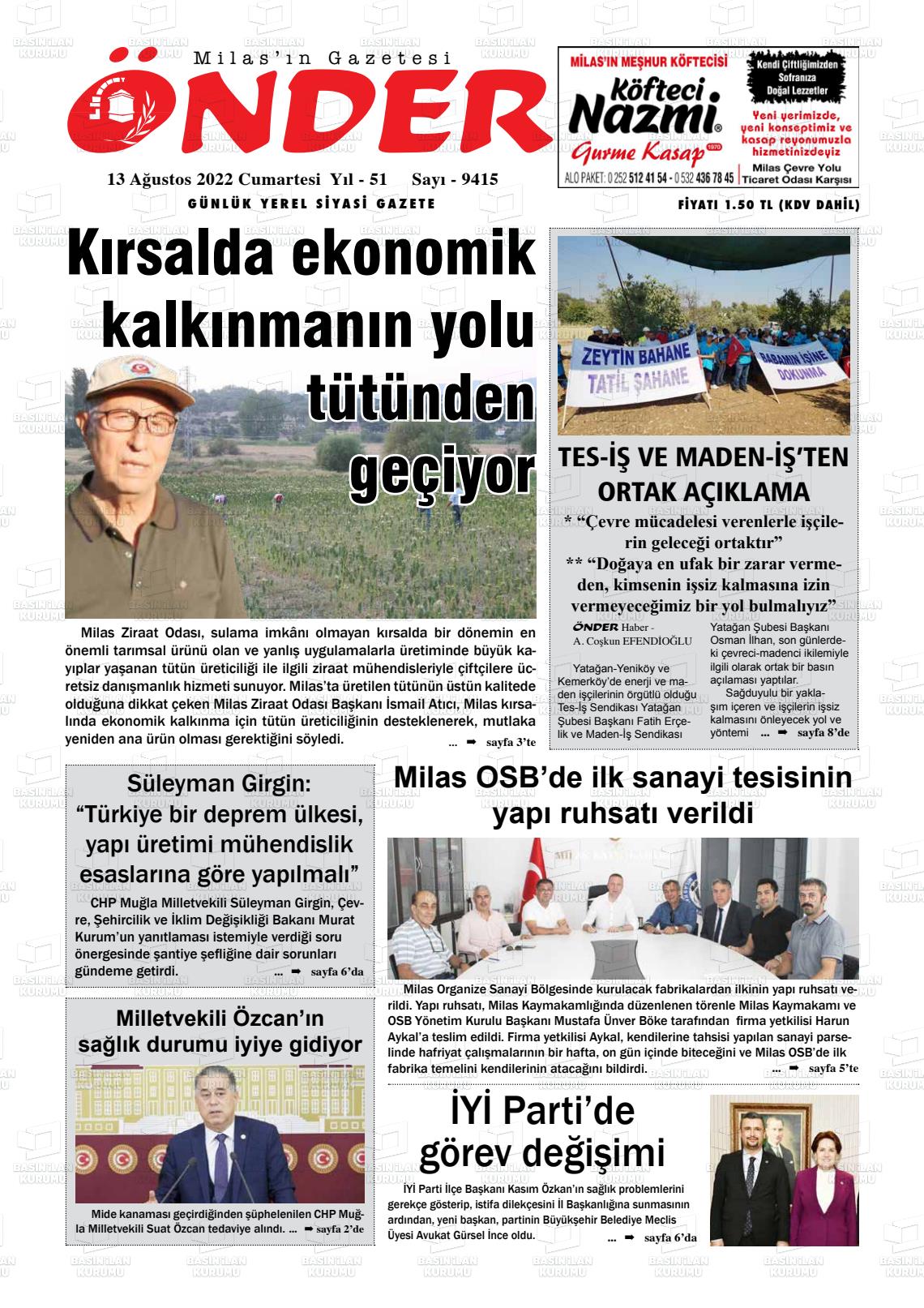 13 Ağustos 2022 Milas Önder Gazete Manşeti