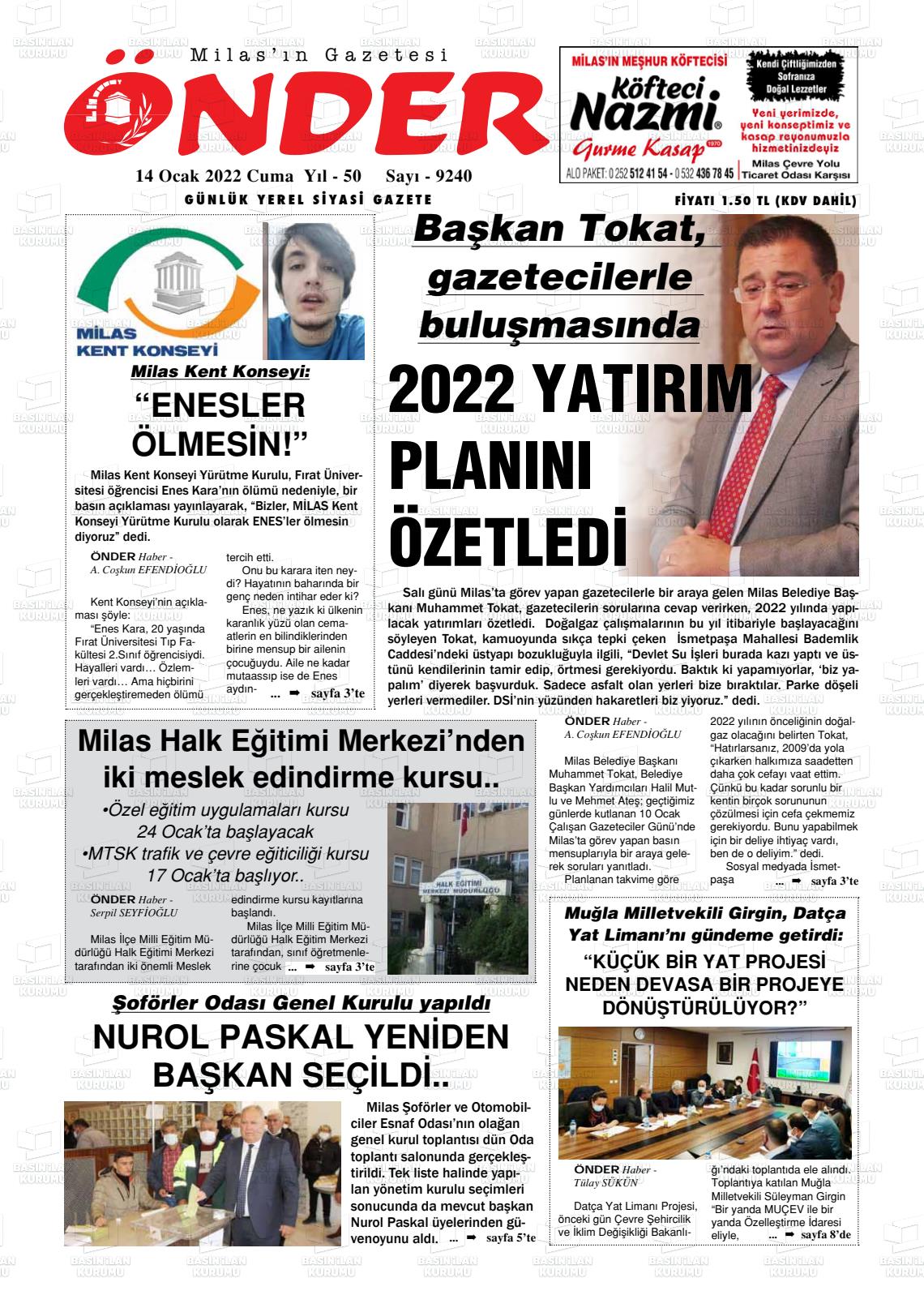 14 Ocak 2022 Milas Önder Gazete Manşeti