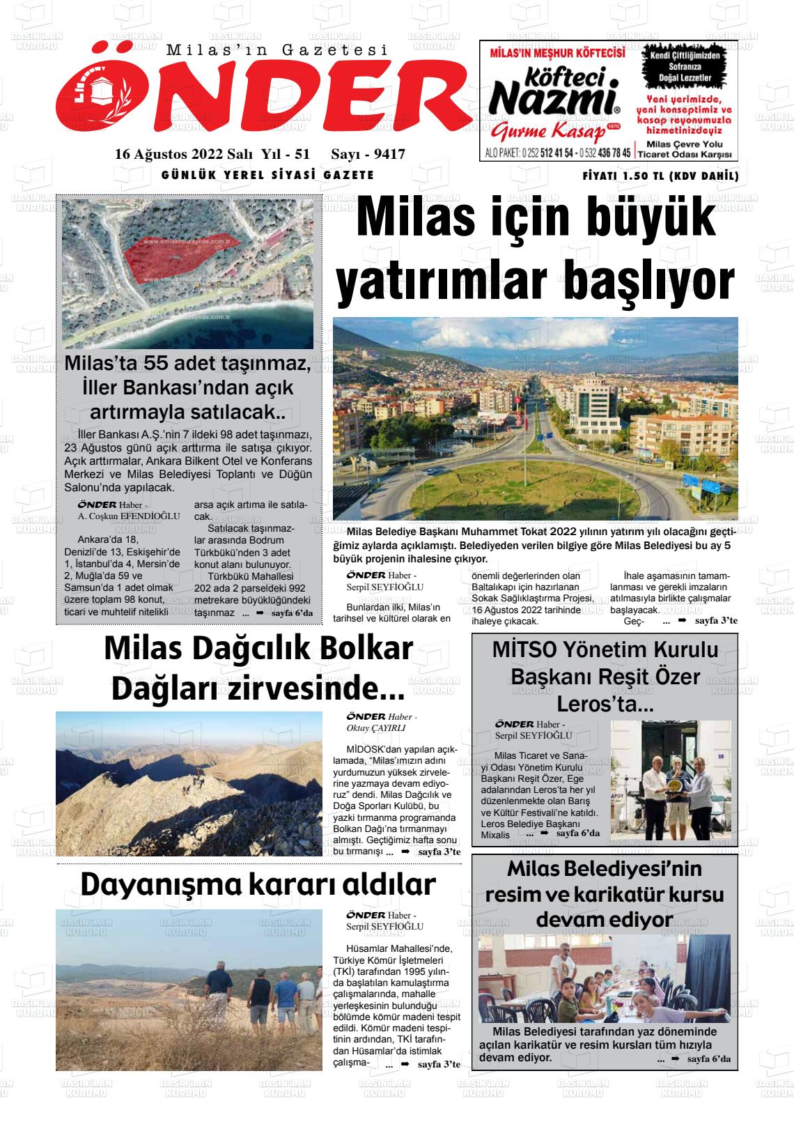 16 Ağustos 2022 Milas Önder Gazete Manşeti