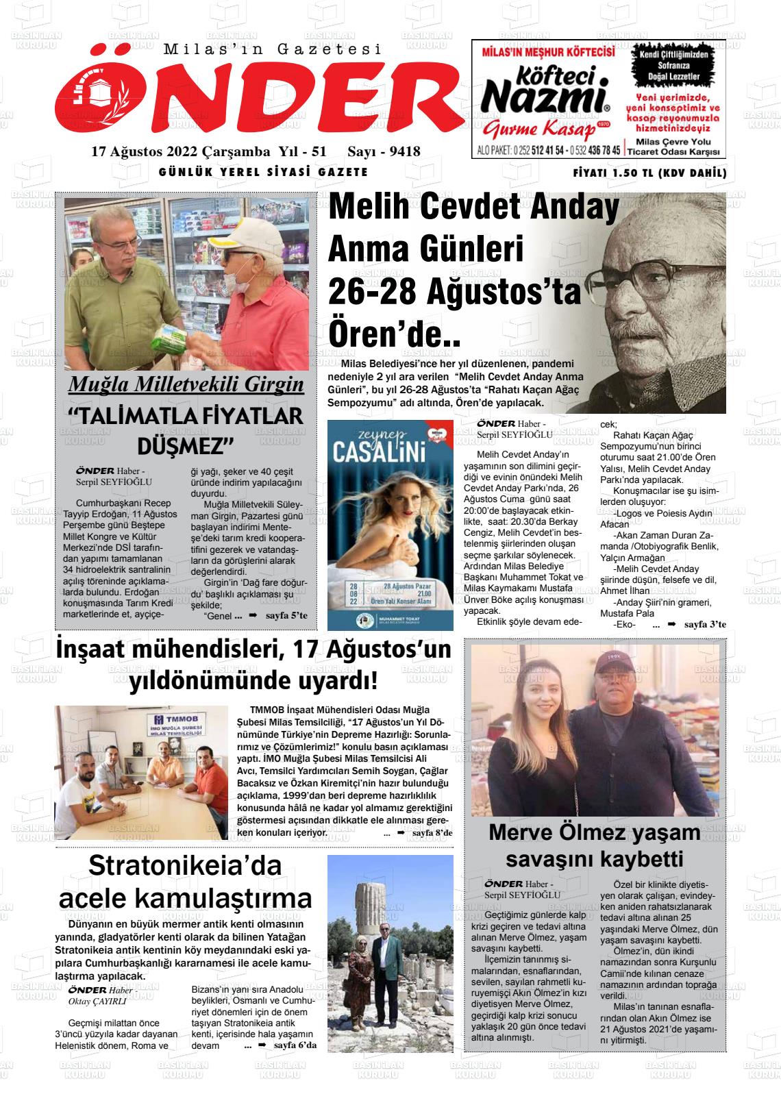 17 Ağustos 2022 Milas Önder Gazete Manşeti