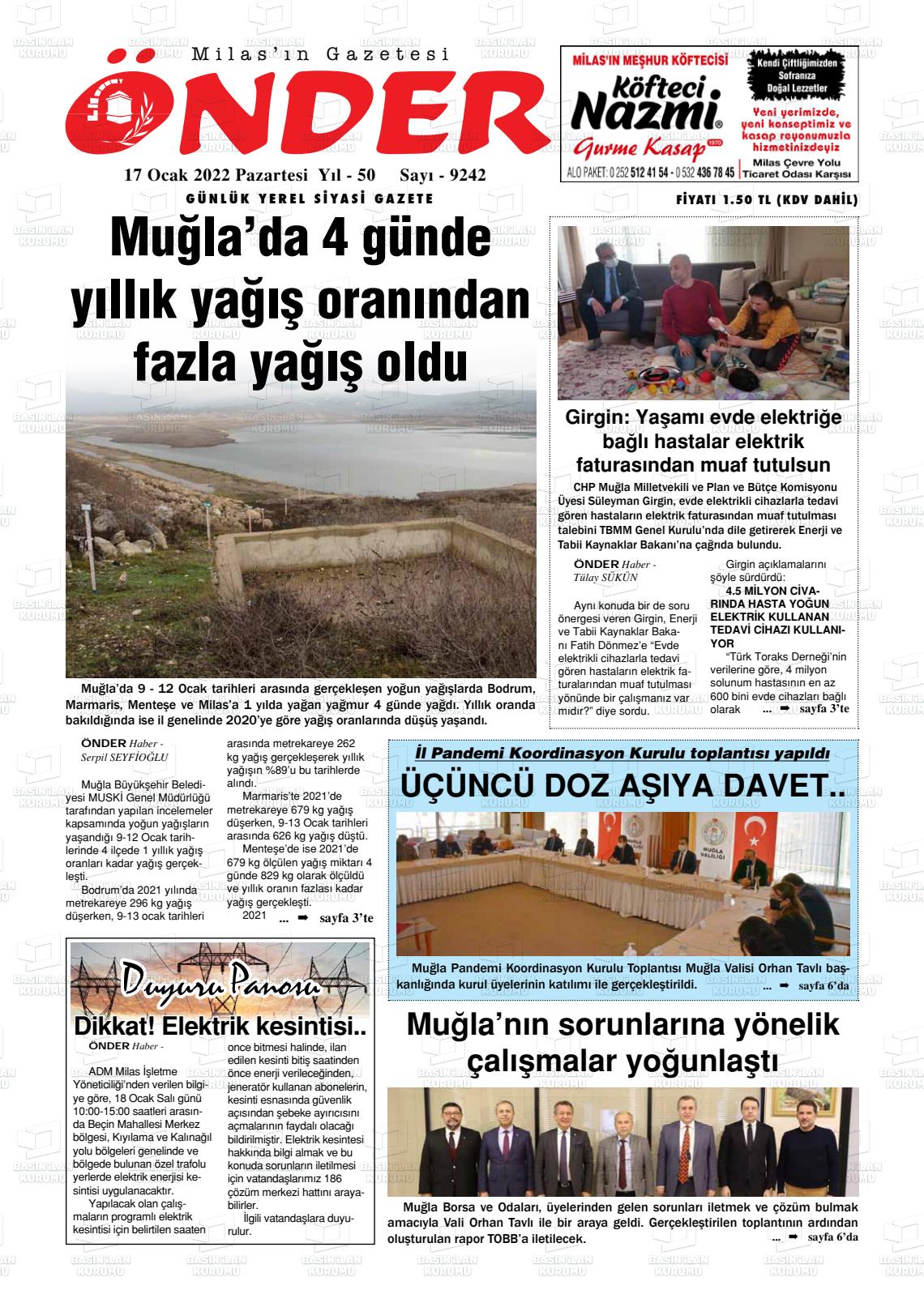17 Ocak 2022 Milas Önder Gazete Manşeti