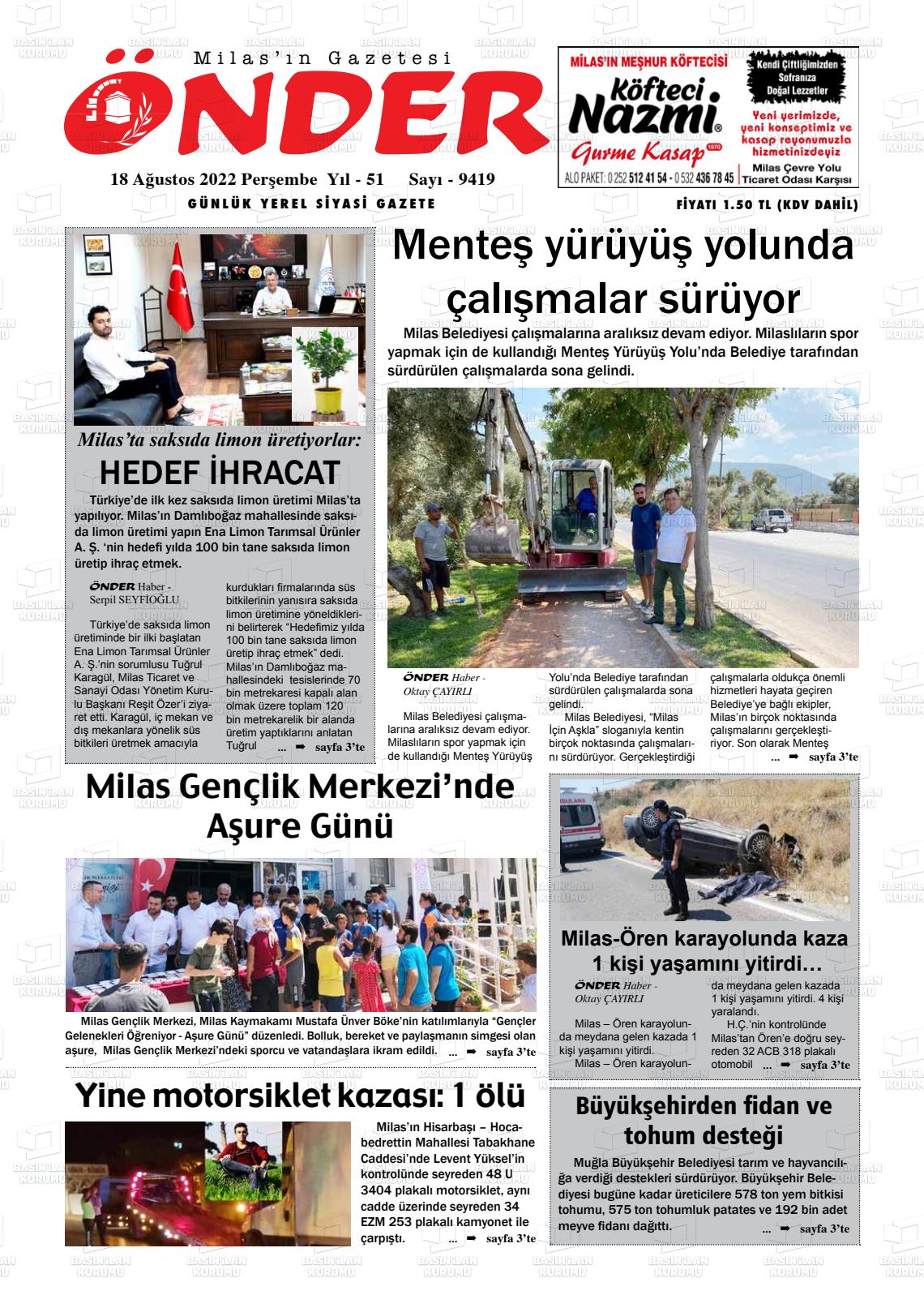 Milas Önder Gazete Manşeti