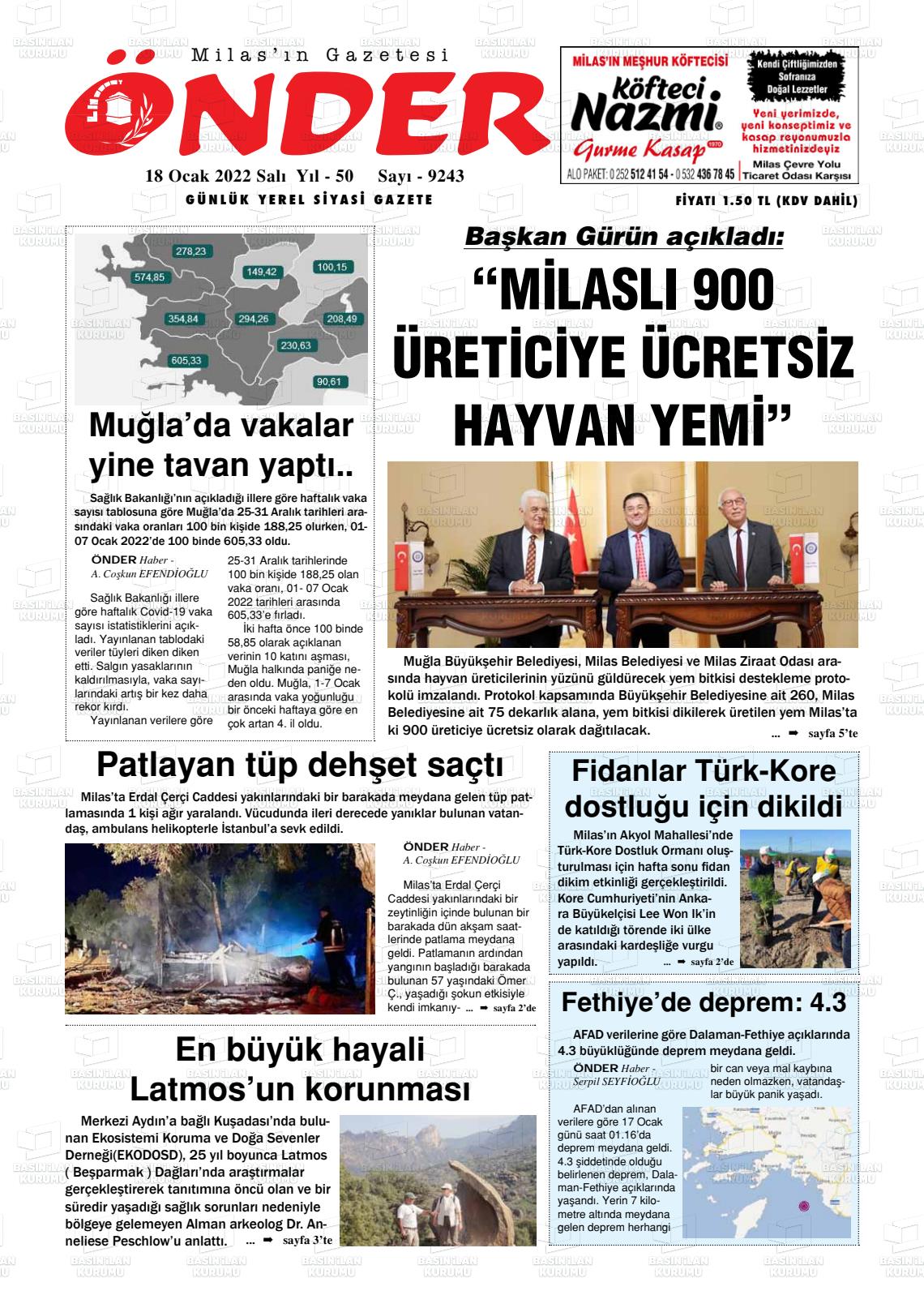 18 Ocak 2022 Milas Önder Gazete Manşeti