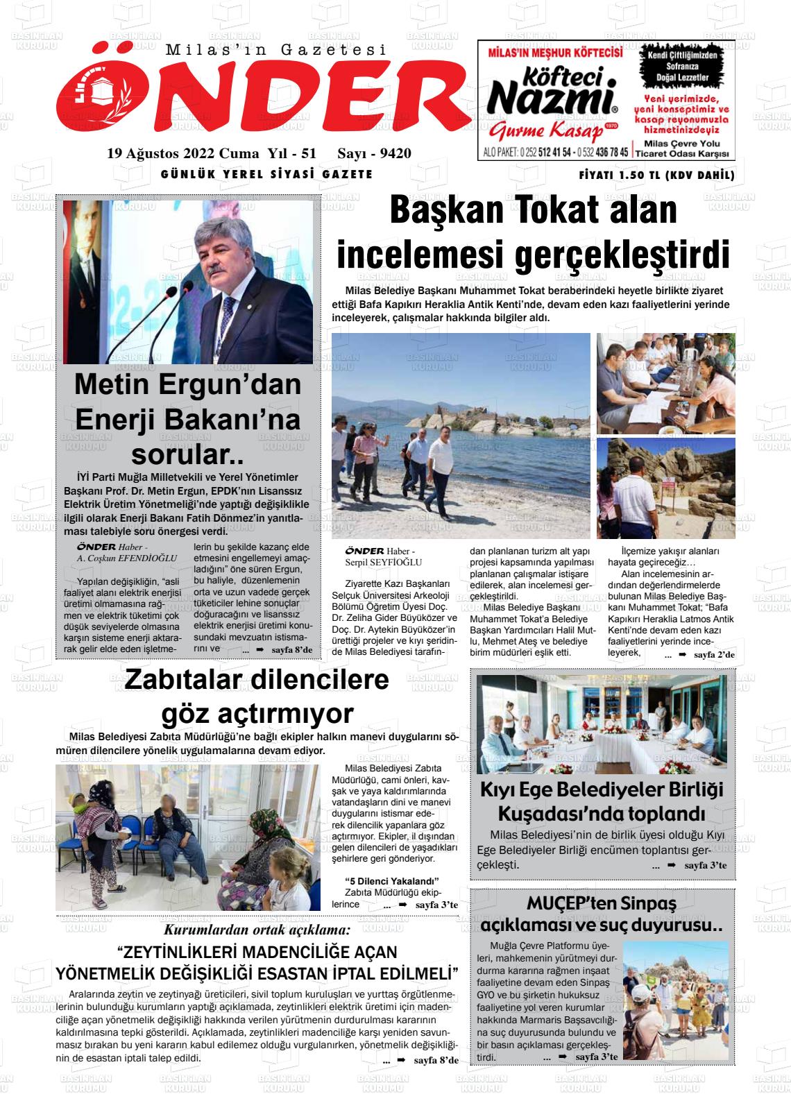 19 Ağustos 2022 Milas Önder Gazete Manşeti