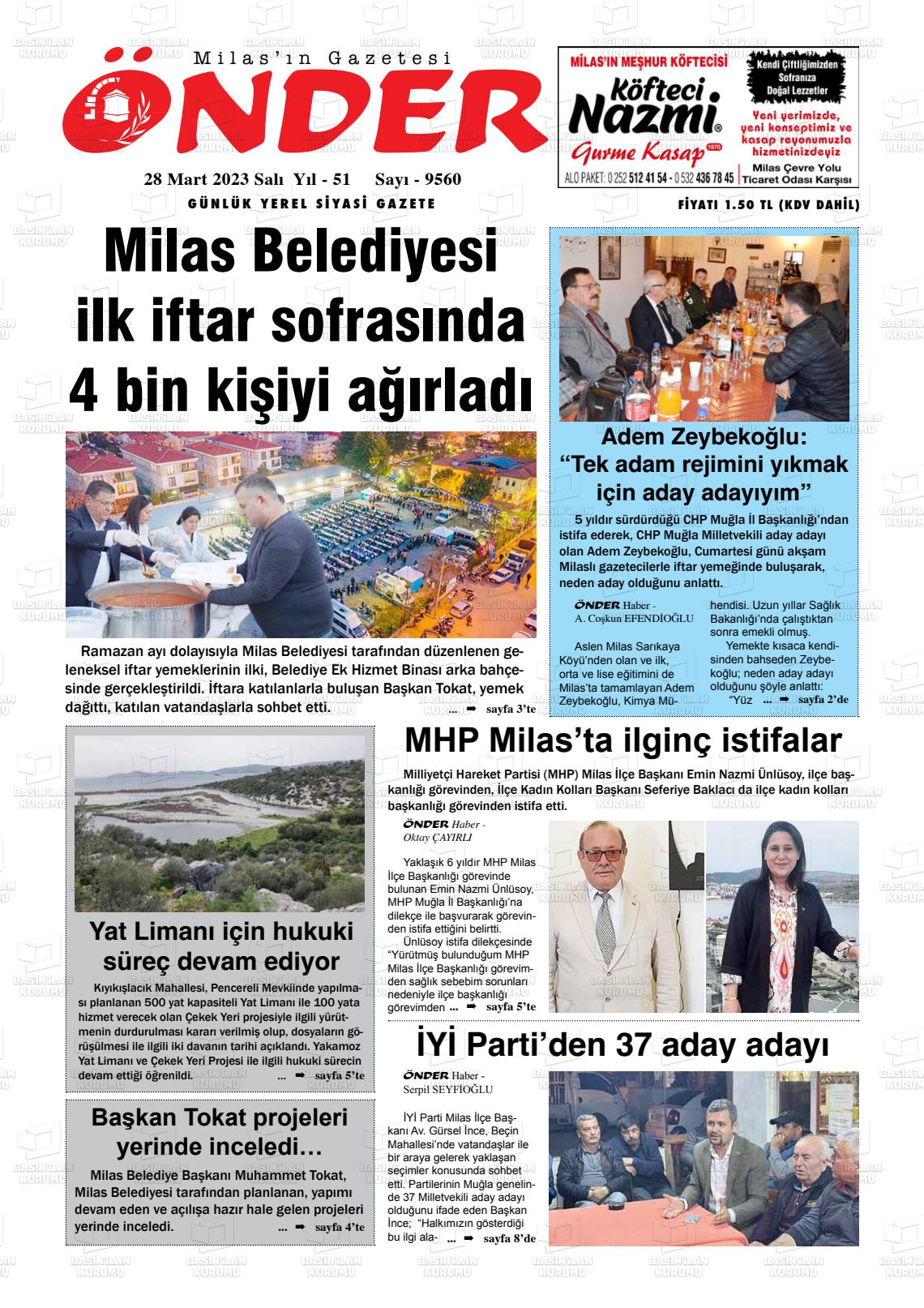 28 Mart 2023 Milas Önder Gazete Manşeti