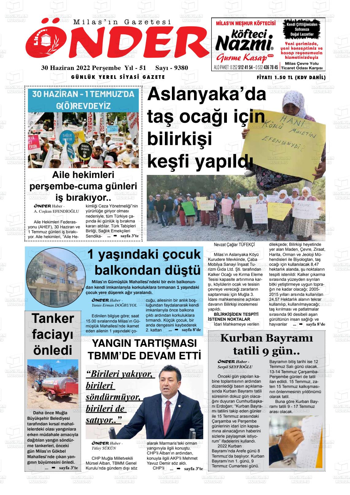 01 Temmuz 2022 Milas Önder Gazete Manşeti