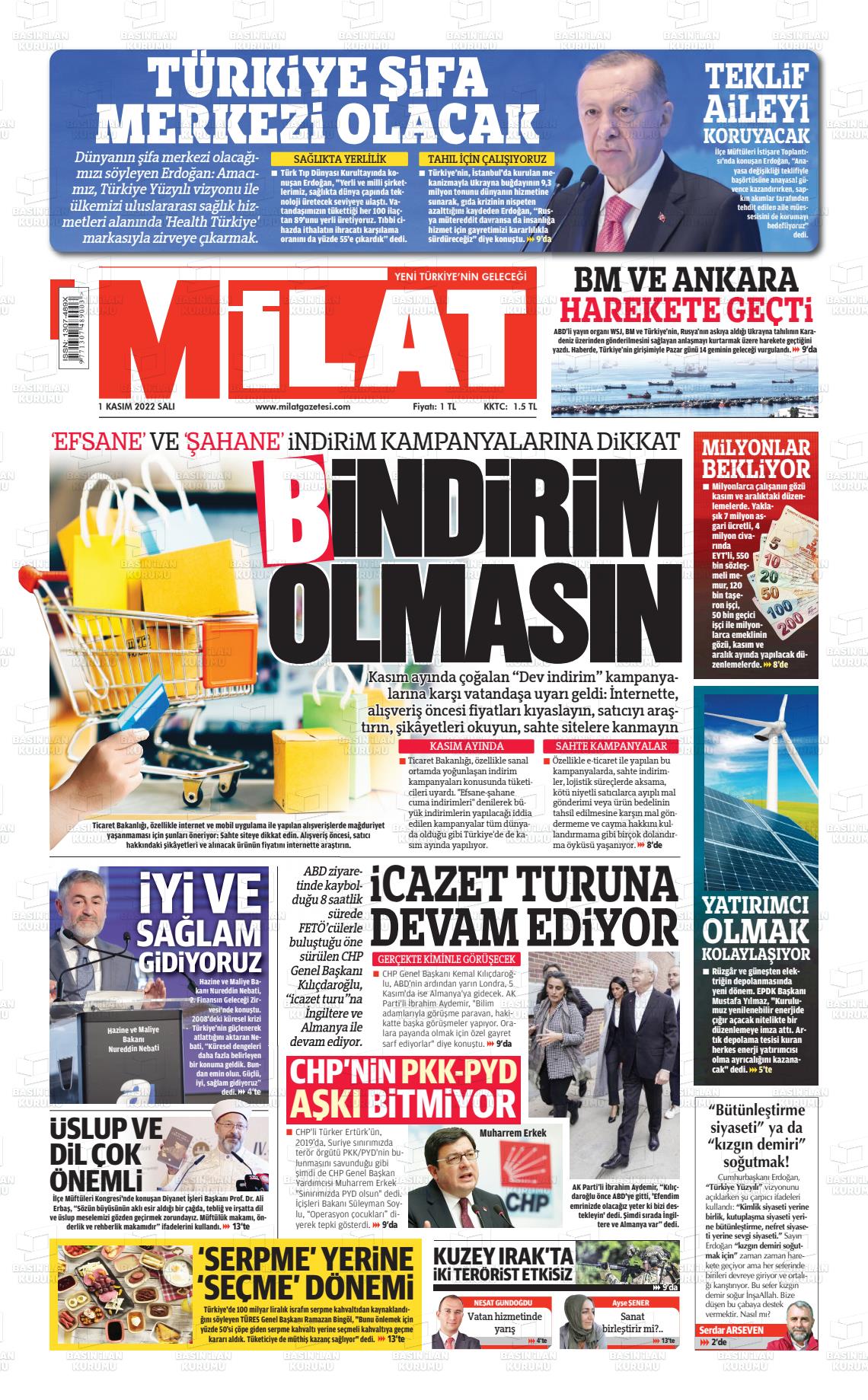 01 Kasım 2022 Milat Gazete Manşeti