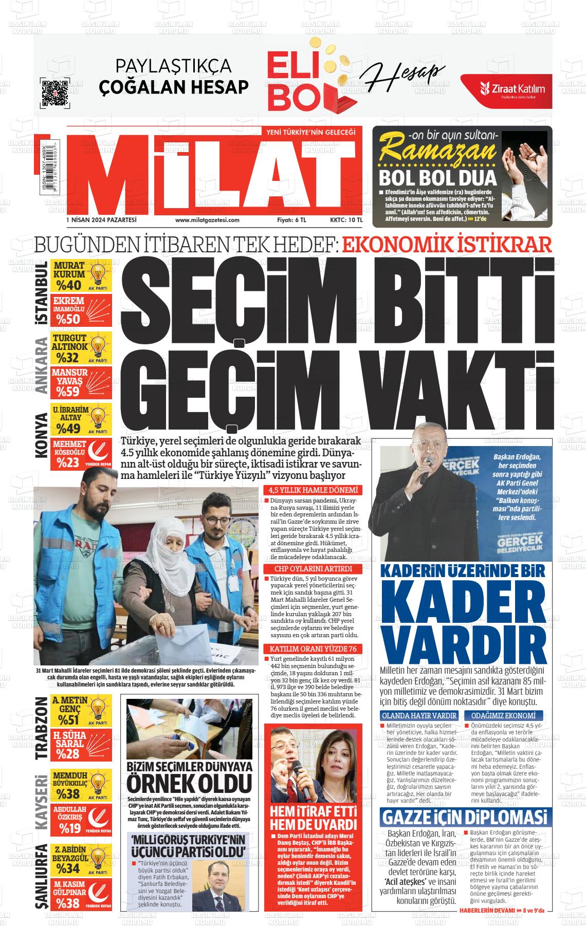 01 Nisan 2024 Milat Gazete Manşeti