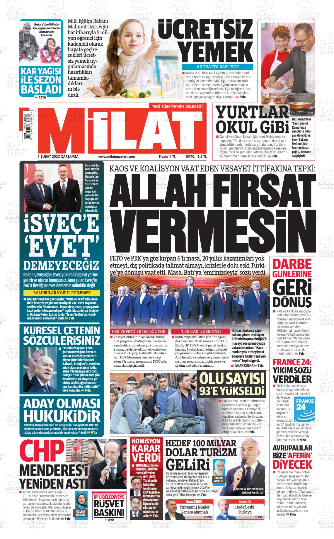 01 Şubat 2023 Milat Gazete Manşeti