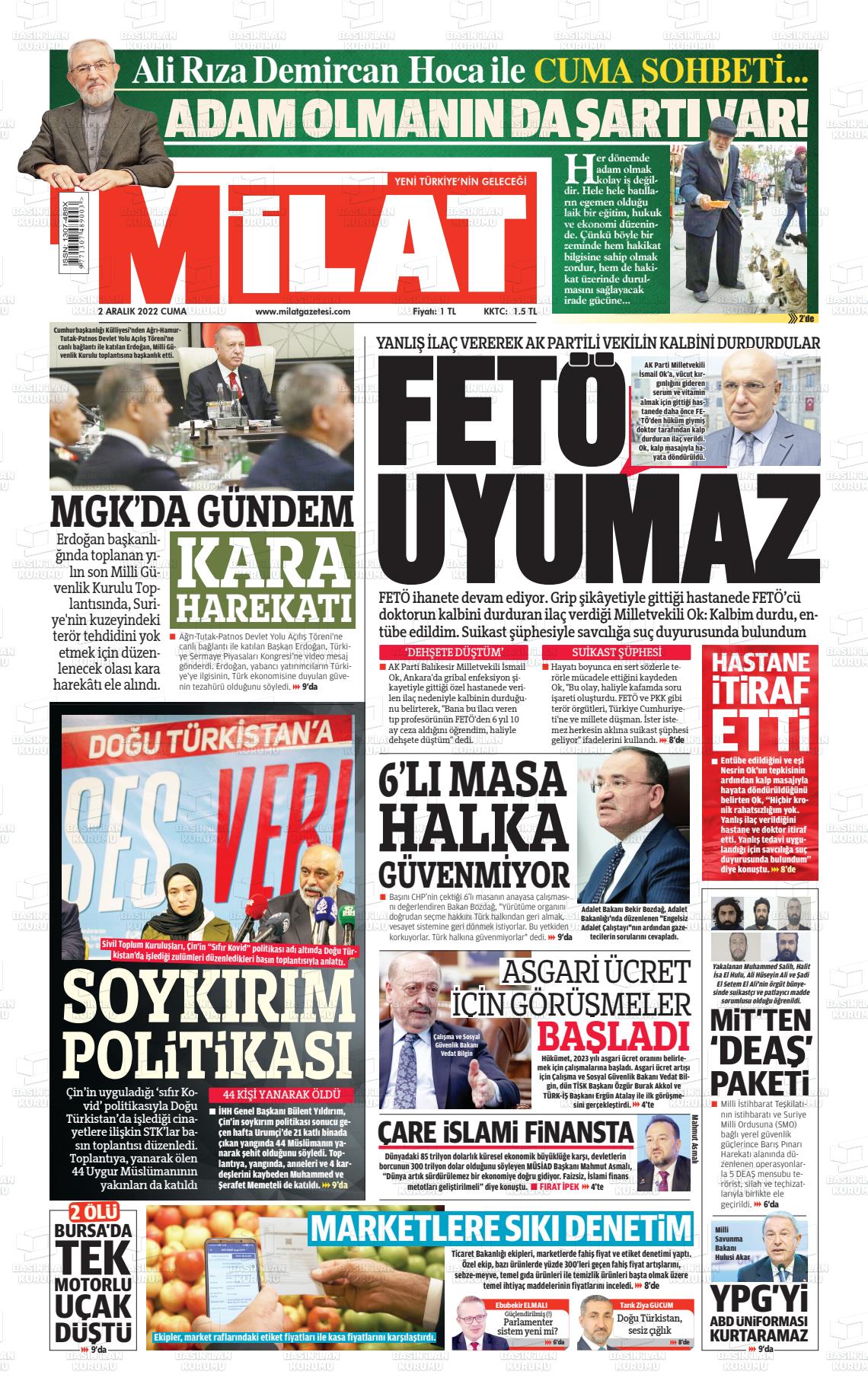 02 Aralık 2022 Milat Gazete Manşeti