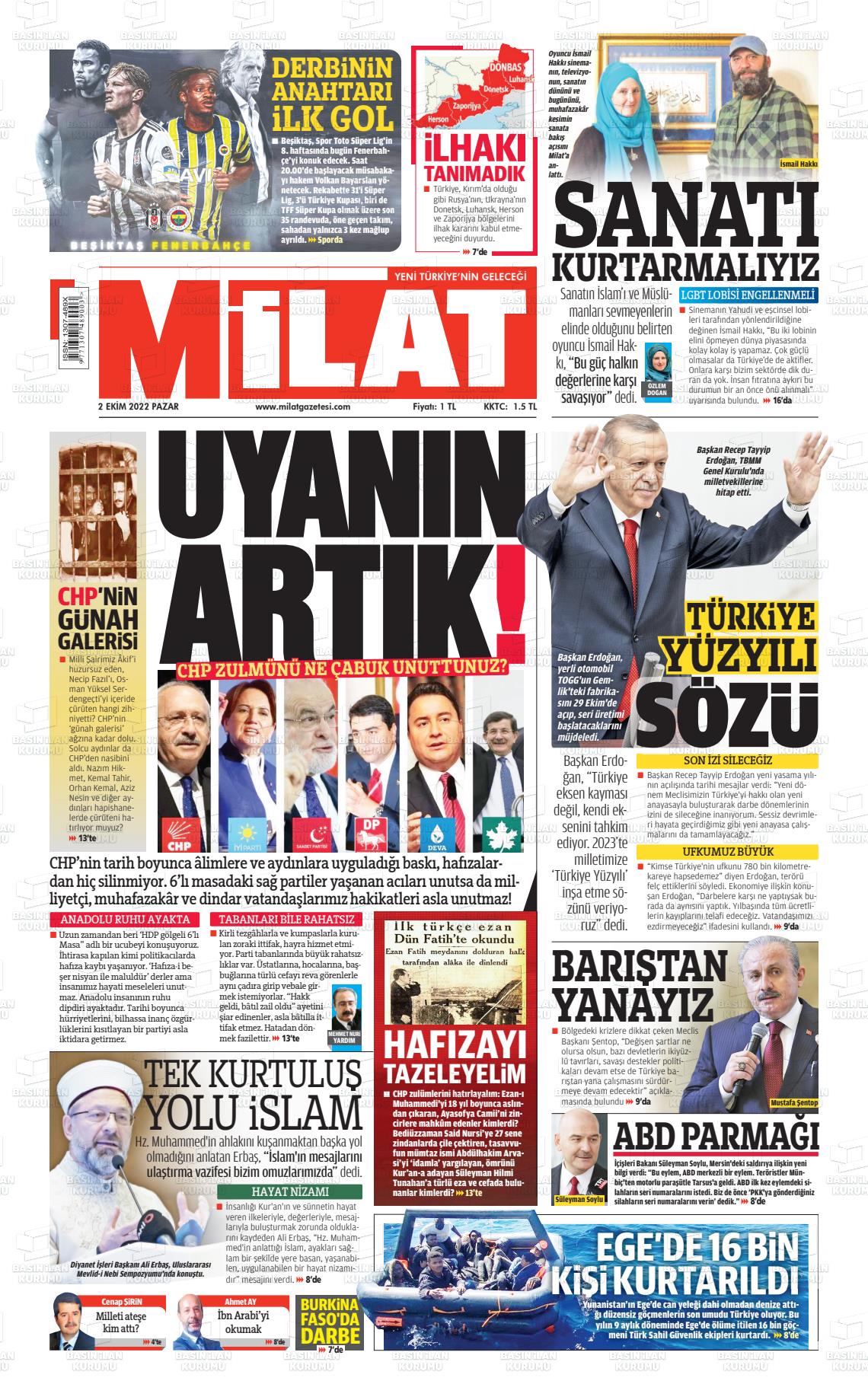 02 Ekim 2022 Milat Gazete Manşeti