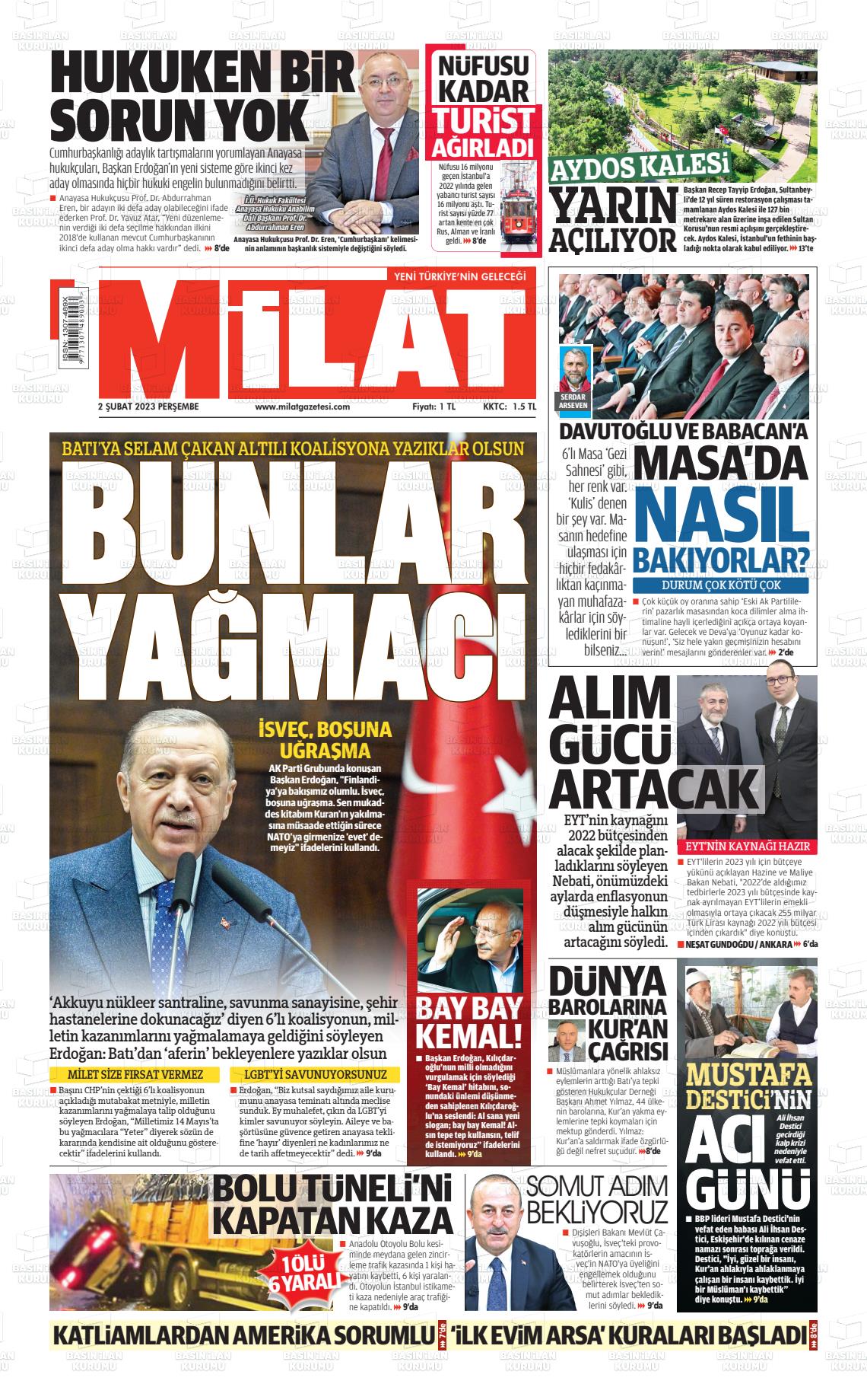 02 Şubat 2023 Milat Gazete Manşeti
