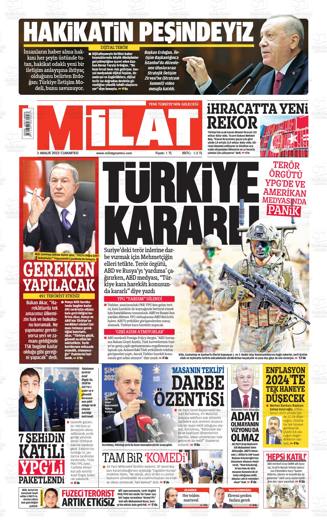 03 Aralık 2022 Milat Gazete Manşeti