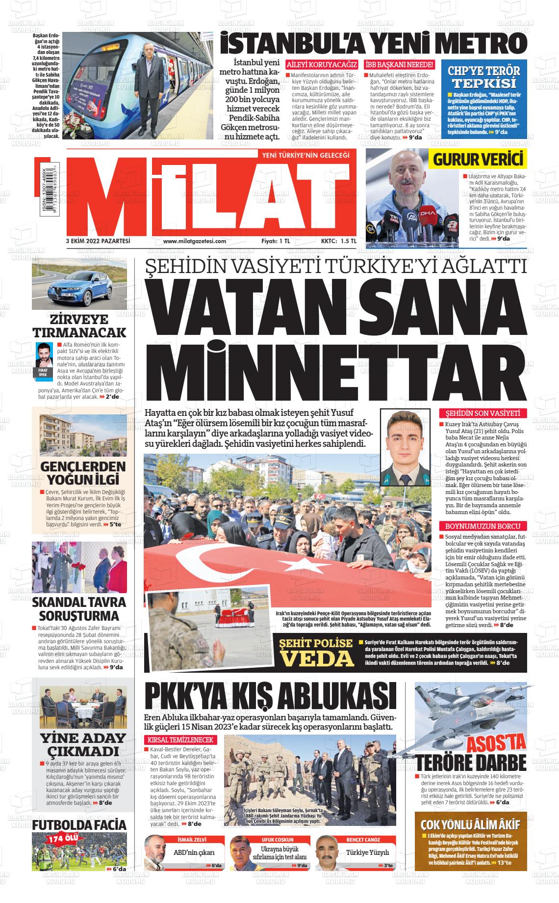 03 Ekim 2022 Milat Gazete Manşeti