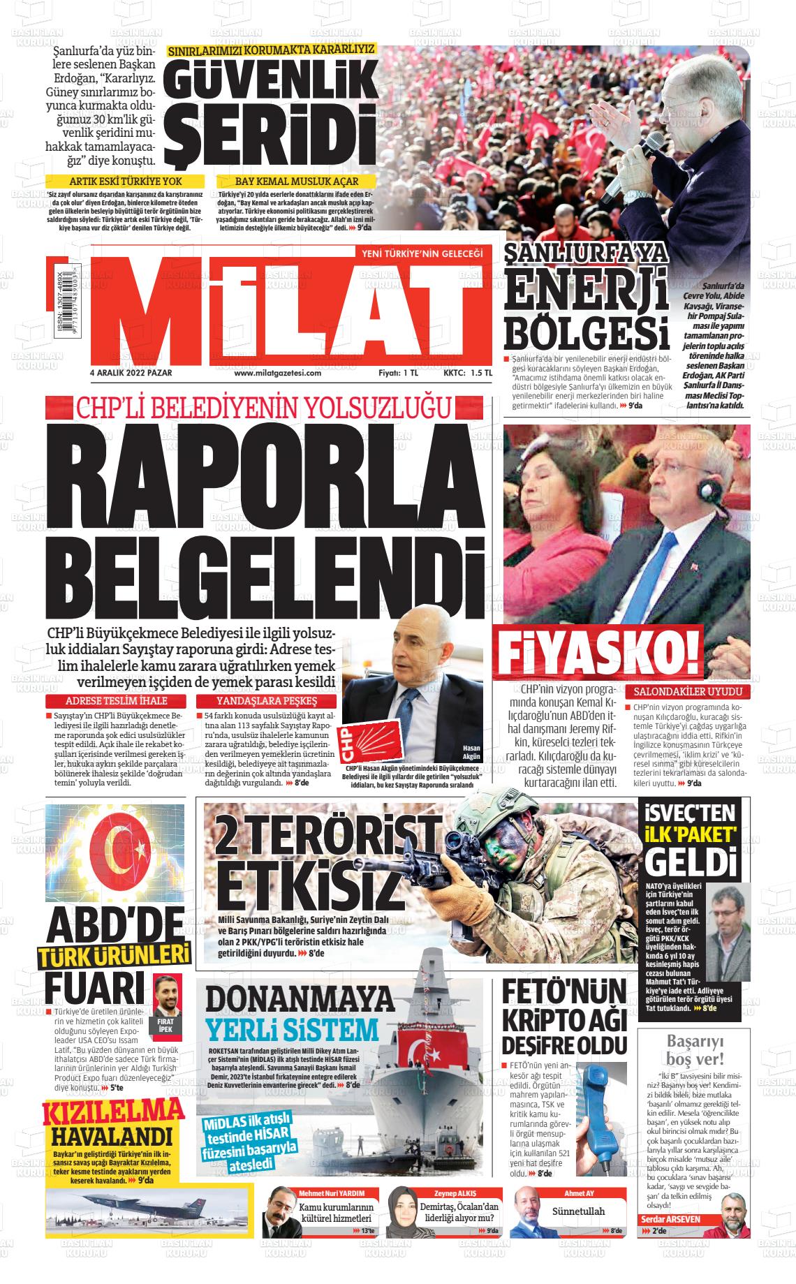 04 Aralık 2022 Milat Gazete Manşeti